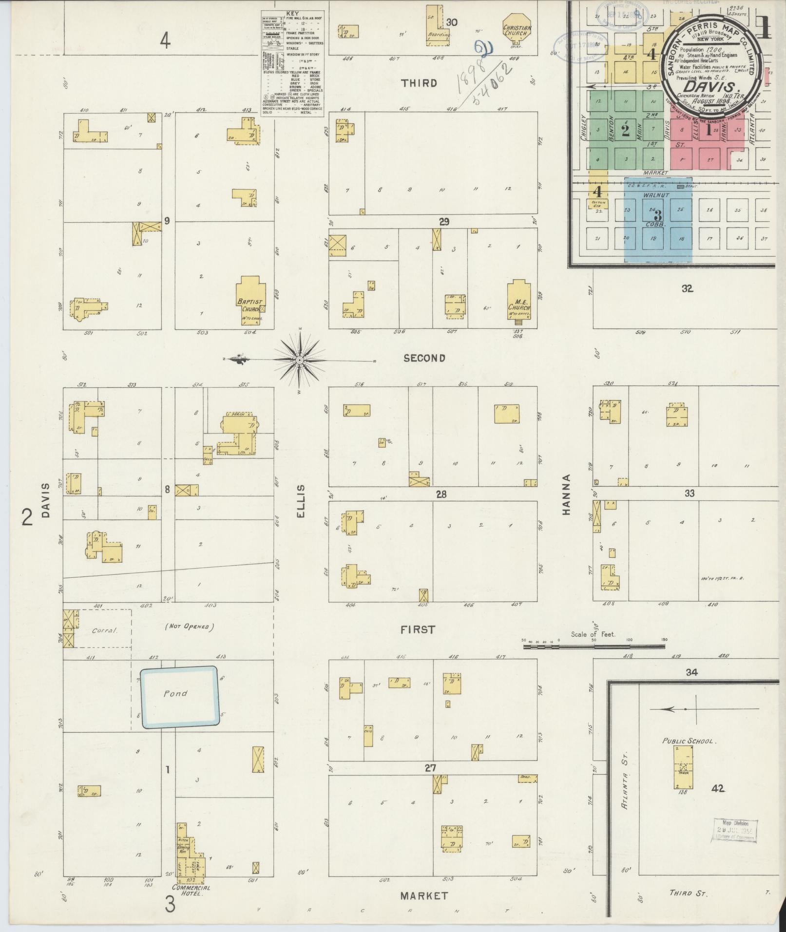 Sanborn Fire Insurance Map from Davis, Murray County, Oklahoma (1898), Sheet #0001 - Historic Sanborn Fire Insurance Map Print, vintage old map wall art, antique decor, genealogy gift, Oklahoma Oklahoma map