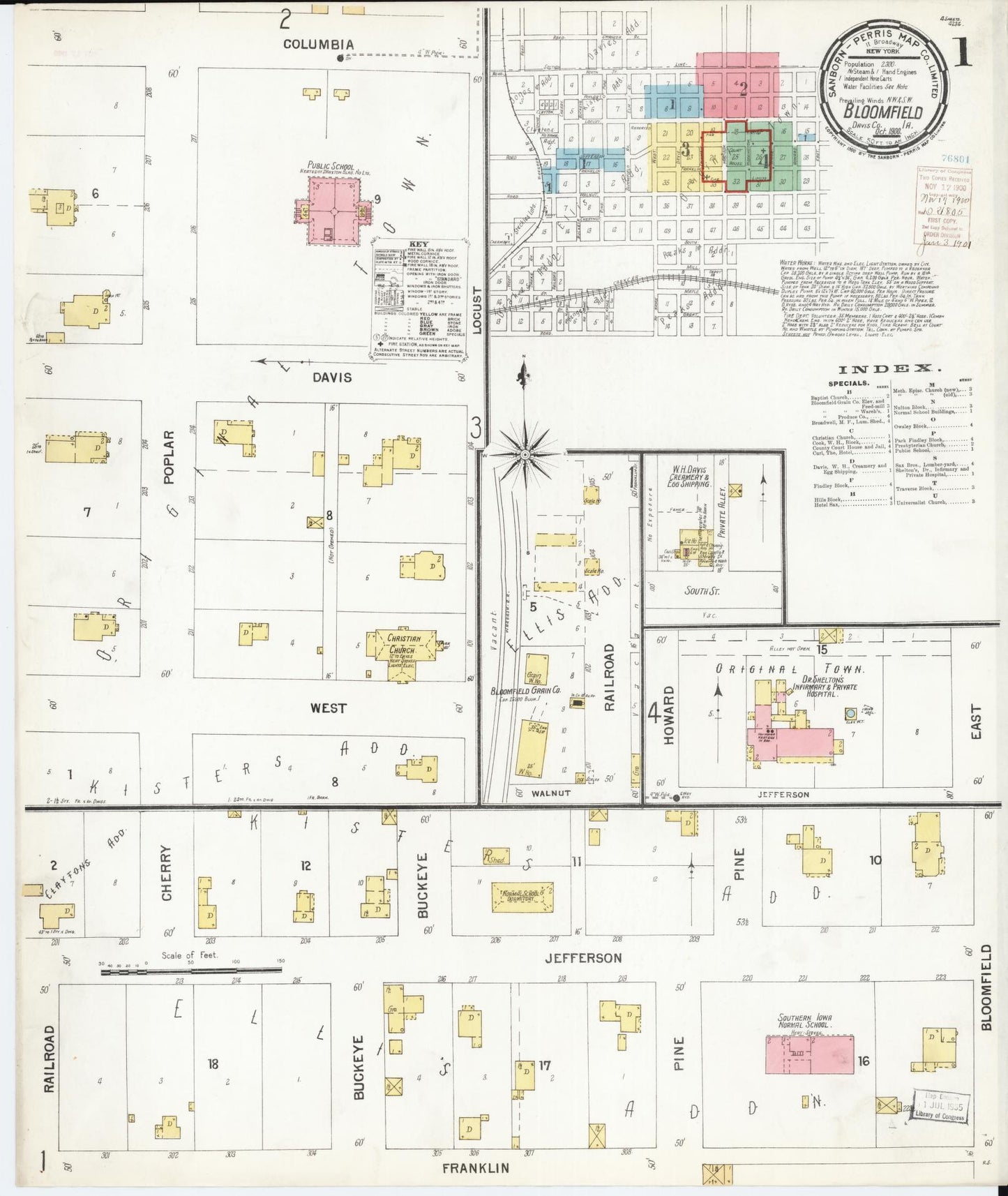 Sanborn Fire Insurance Map from Bloomfield, Davis County, Iowa (1900), Sheet #0001 - Historic Sanborn Fire Insurance Map Print, vintage old map wall art