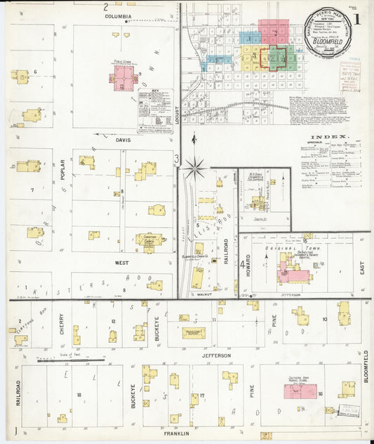 Sanborn Fire Insurance Map from Bloomfield, Davis County, Iowa (1900), Sheet #0001 - Historic Sanborn Fire Insurance Map Print, vintage old map wall art