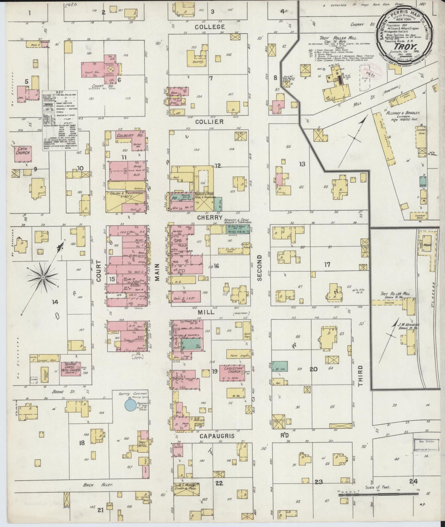 Sanborn Fire Insurance Map from Troy, Lincoln County, Missouri (1895), Sheet #0001 - Historic Sanborn Fire Insurance Map Print, vintage old map wall art, antique decor, genealogy gift, Missouri Missouri map
