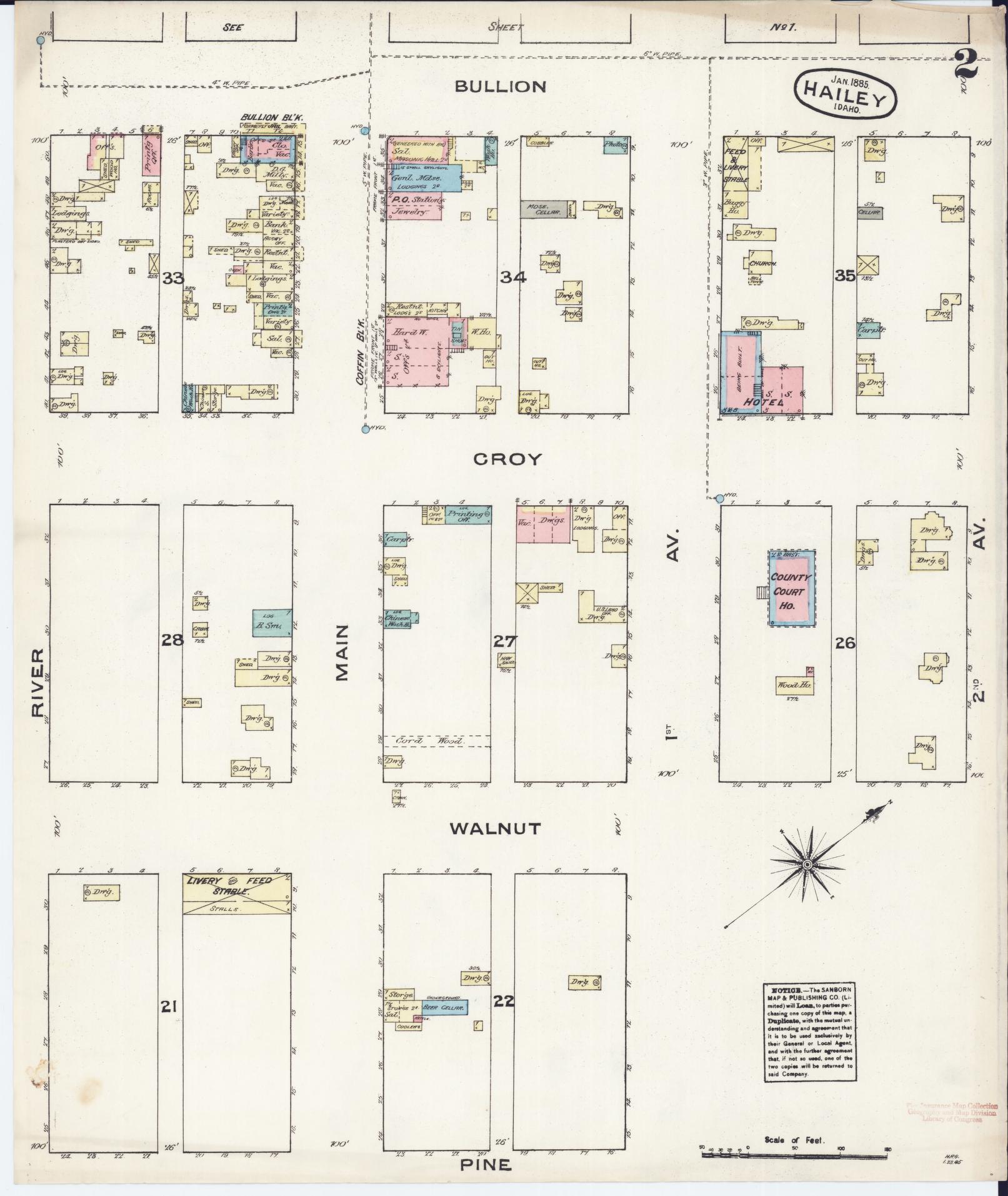 Sanborn Fire Insurance Map from Hailey, Blaine County, Idaho (1885), Sheet #0002 - Historic Sanborn Fire Insurance Map Print, vintage old map wall art, antique decor, genealogy gift, Idaho Idaho map