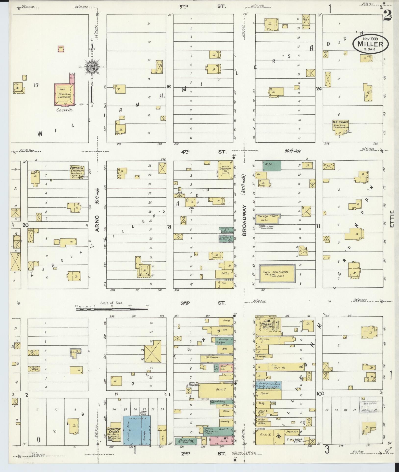 Sanborn Fire Insurance Map from Miller, Hand County, South Dakota (1909), Sheet #0002 - Historic Sanborn Fire Insurance Map Print, vintage old map wall art, antique decor, genealogy gift, South Dakota South Dakota map