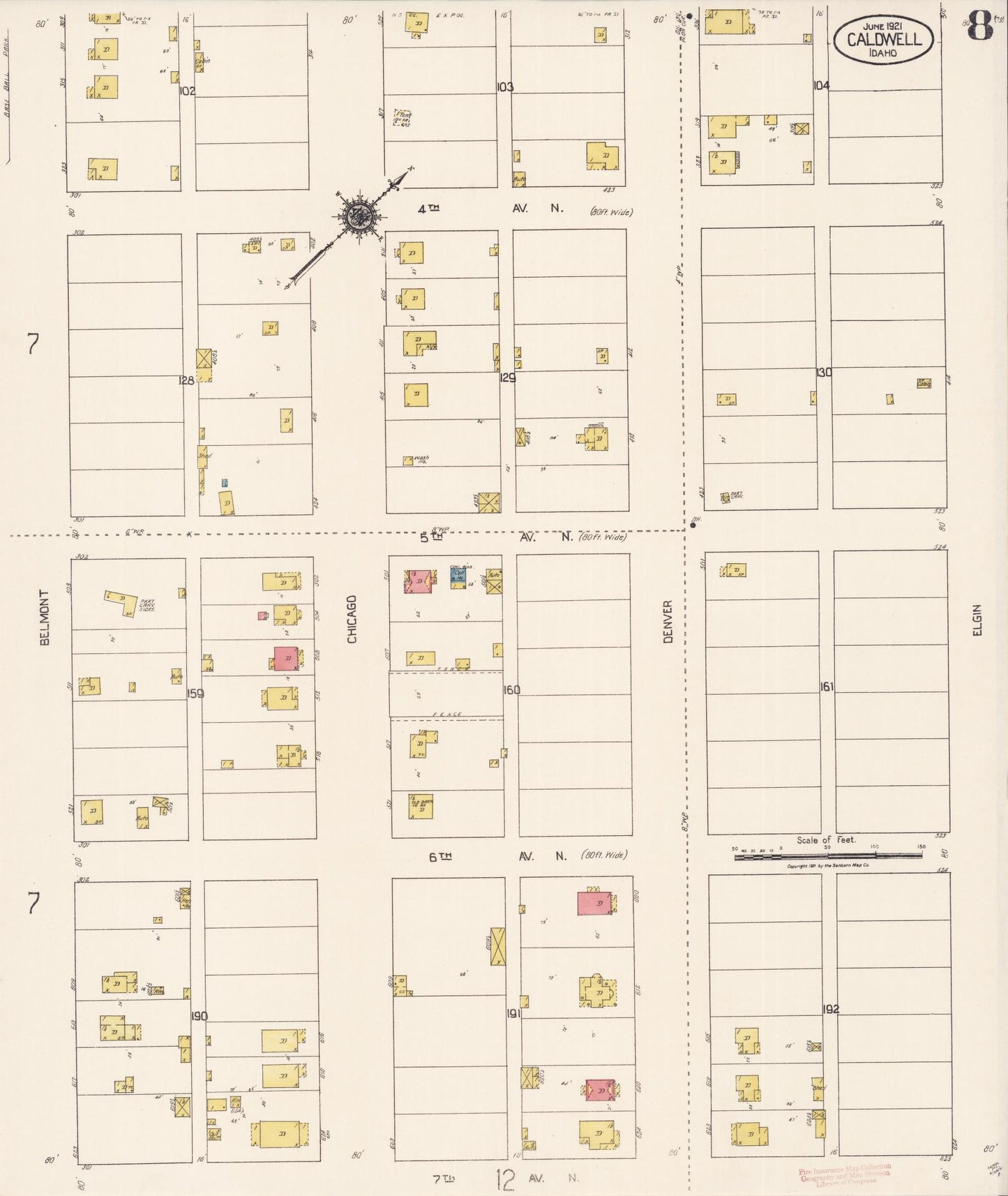 Sanborn Fire Insurance Map from Caldwell, Canyon County, Idaho (1921), Sheet #0008 - Complete Map Set gallery image, historic Sanborn map, vintage wall art, Idaho Idaho