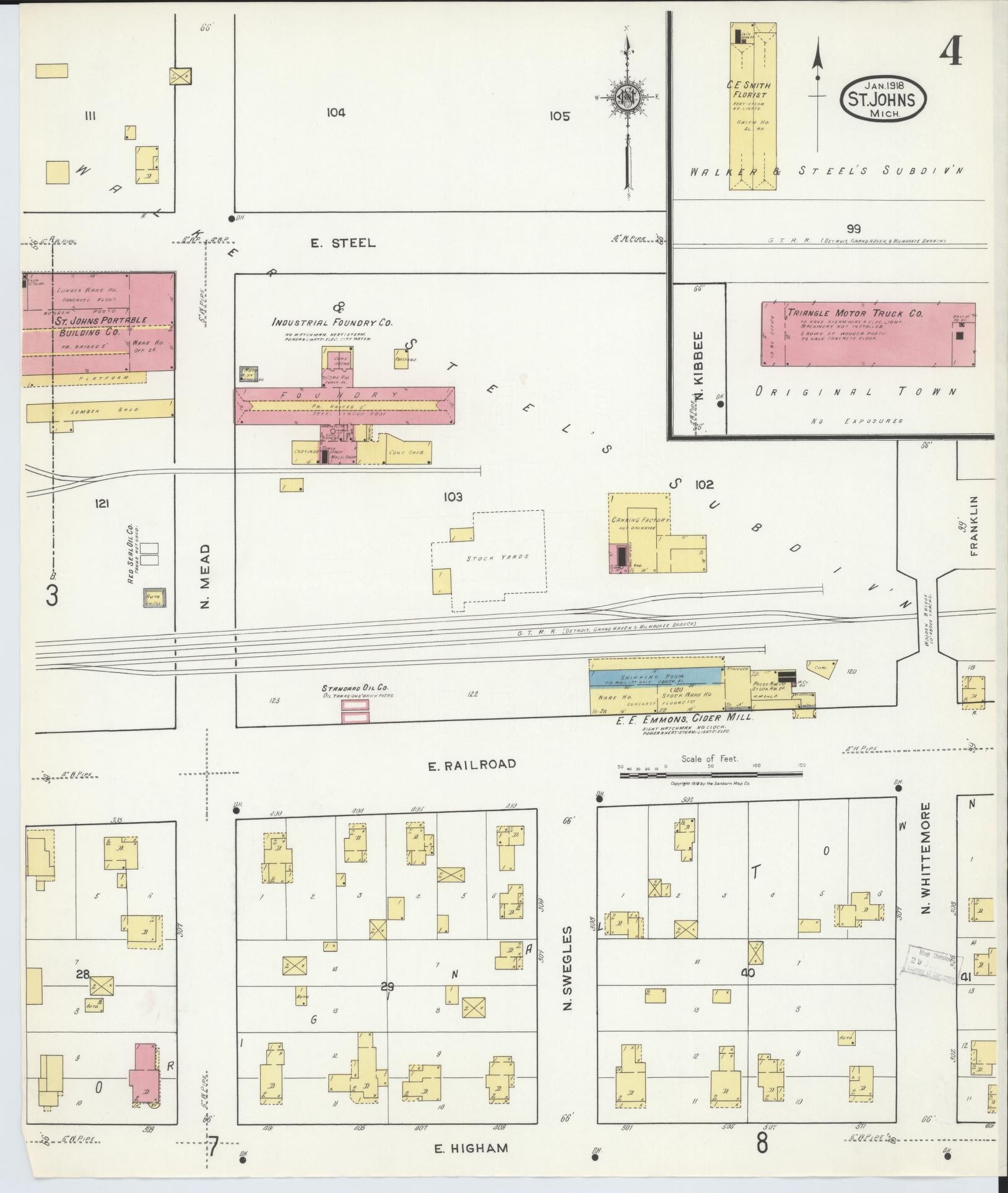 Sanborn Fire Insurance Map from Saint Johns, Clinton County, Michigan (1918), Sheet #0004 - Complete Map Set gallery image, historic Sanborn map, vintage wall art, Michigan Michigan