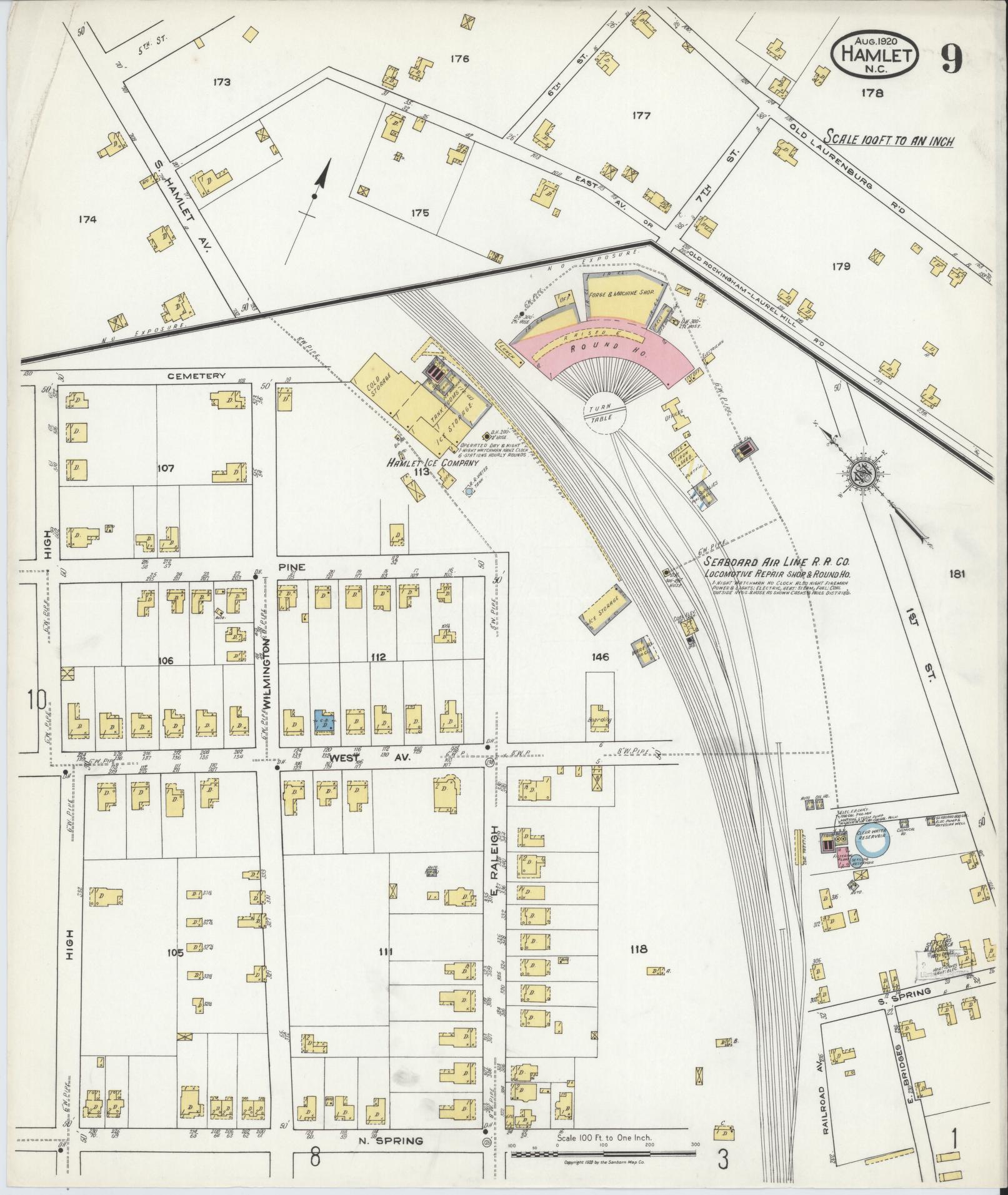 Sanborn Fire Insurance Map from Hamlet, Richmond County, North Carolina (1920), Sheet #0009 - Complete Map Set gallery image, historic Sanborn map, vintage wall art, North Carolina North Carolina