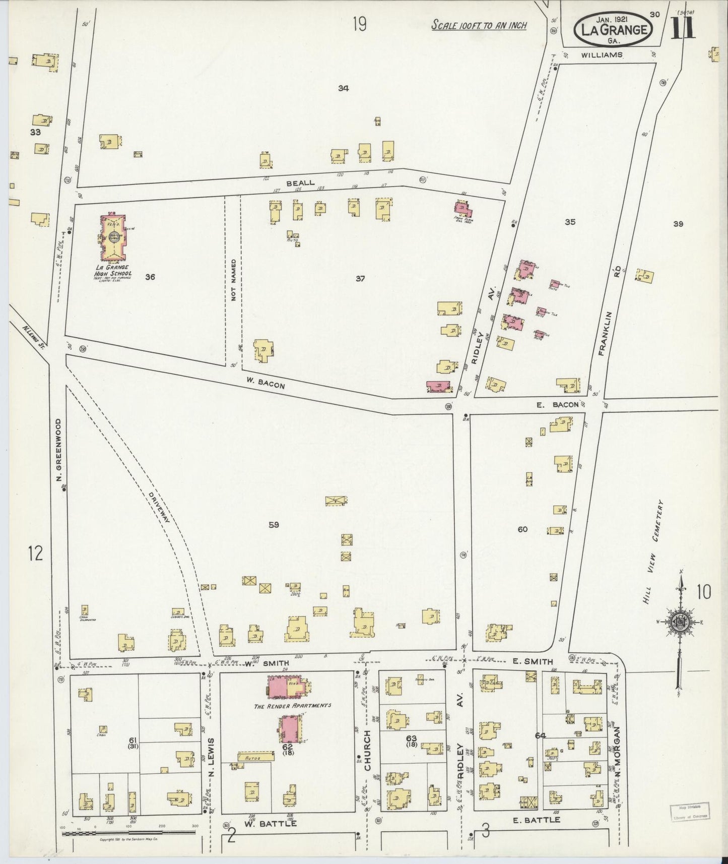 Sanborn Fire Insurance Map from La Grange, Troup County, Georgia (1921), Sheet #0011 - Historic Sanborn Fire Insurance Map Print, vintage old map wall art, antique decor, genealogy gift, Georgia Georgia map