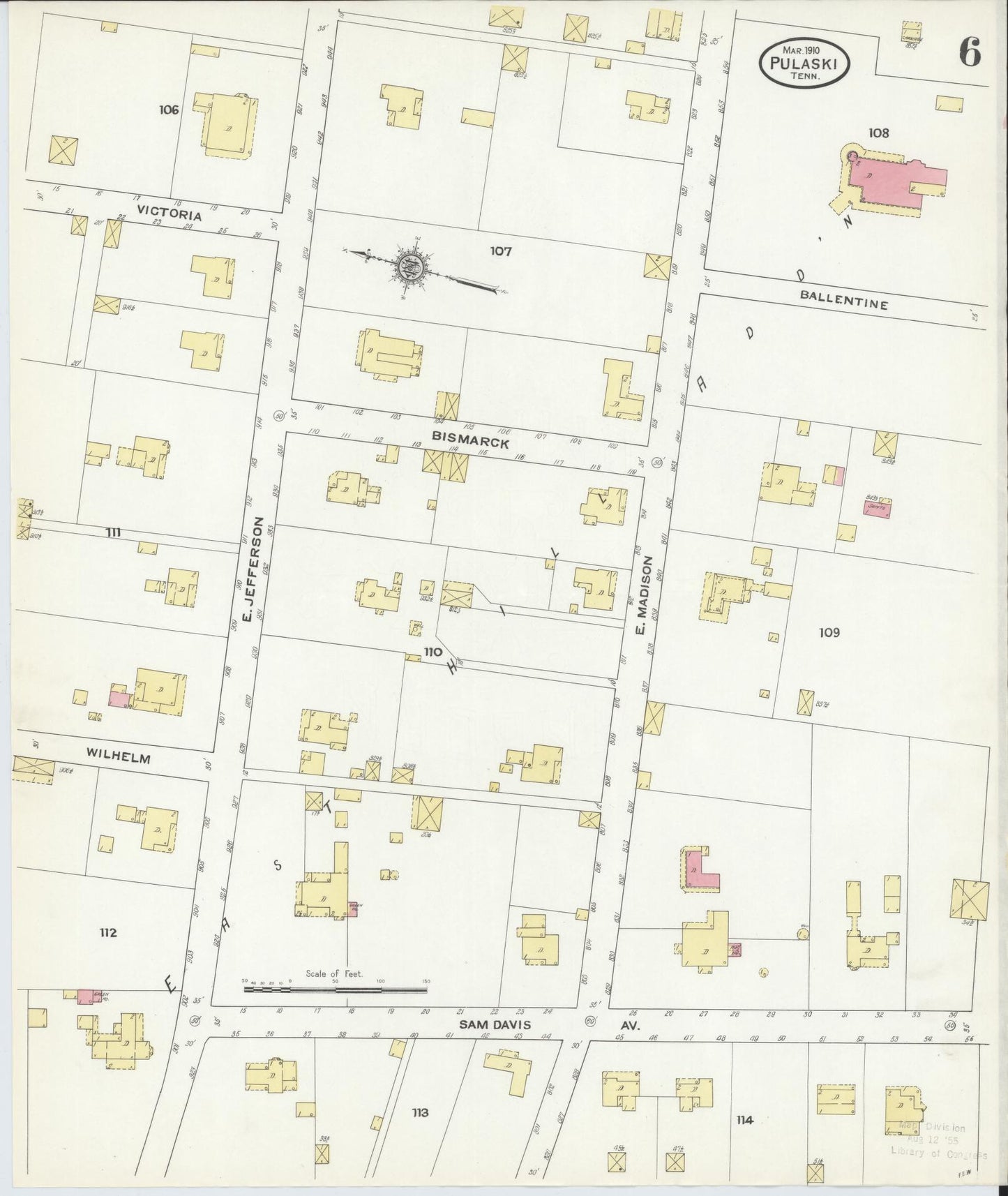Sanborn Fire Insurance Map from Pulaski, Giles County, Tennessee (1910), Sheet #0006 - Complete Map Set gallery image, historic Sanborn map, vintage wall art, Tennessee Tennessee