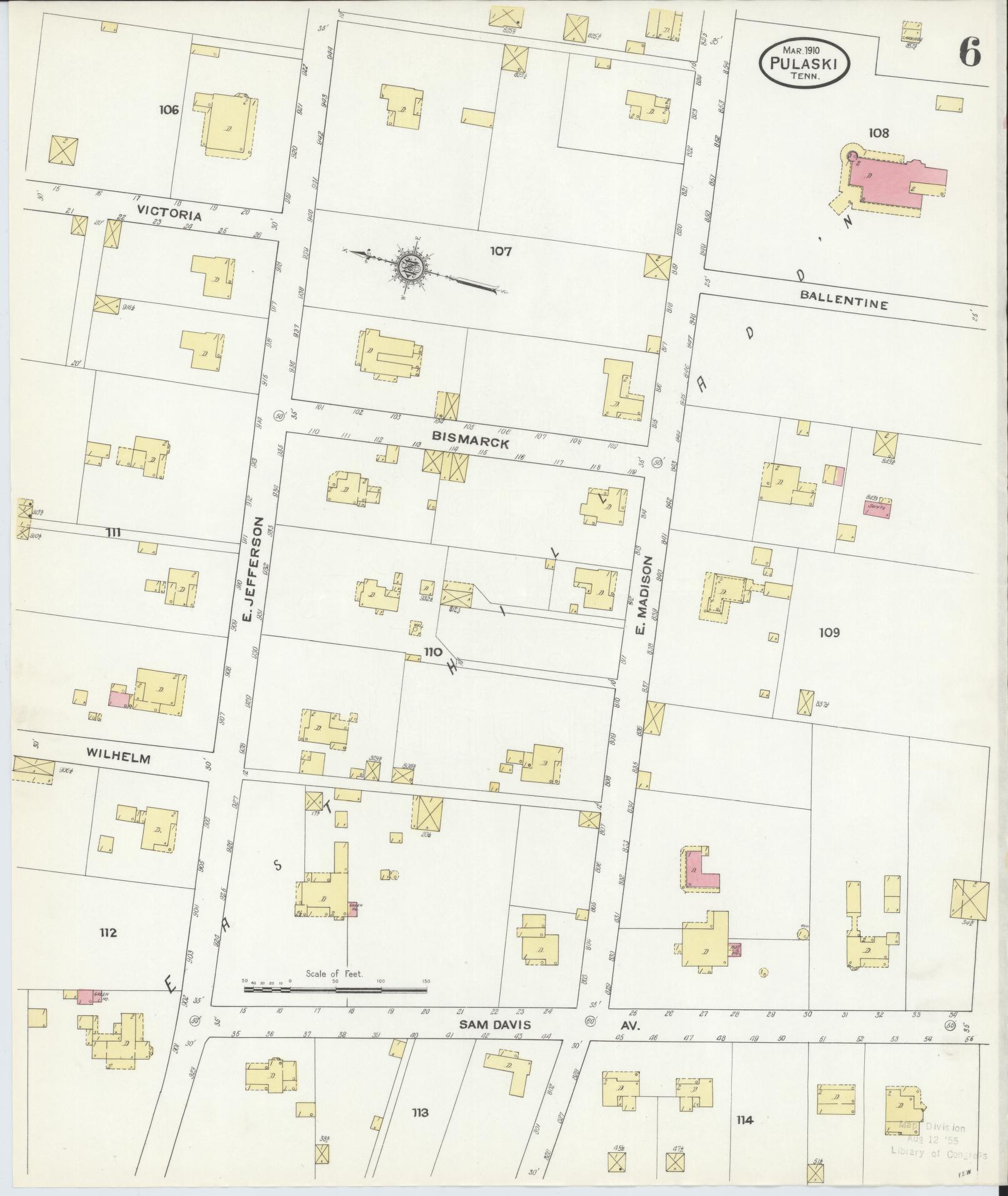 Sanborn Fire Insurance Map from Pulaski, Giles County, Tennessee (1910), Sheet #0006 - Complete Map Set gallery image, historic Sanborn map, vintage wall art, Tennessee Tennessee