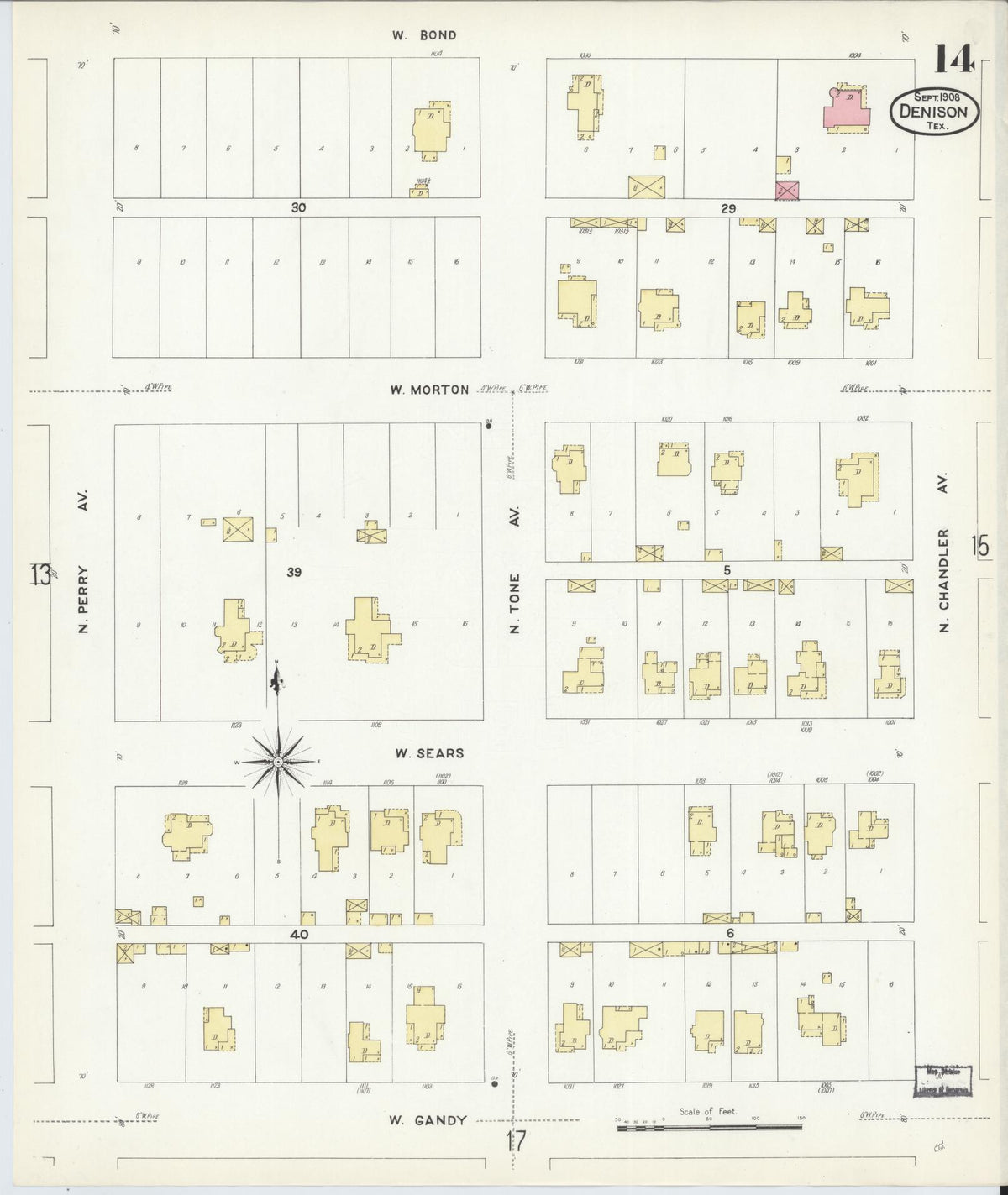 Sanborn Fire Insurance Map from Denison, Grayson County, Texas (1908), Sheet #0014 - Complete Map Set gallery image, historic Sanborn map, vintage wall art, Texas Texas