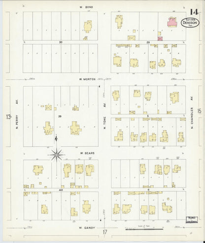 Sanborn Fire Insurance Map from Denison, Grayson County, Texas (1908), Sheet #0014 - Complete Map Set gallery image, historic Sanborn map, vintage wall art, Texas Texas