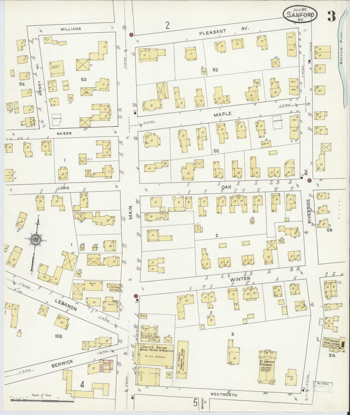 Sanborn Fire Insurance Map from Sanford, York County, Maine (1912), Sheet #0003 - Complete Map Set gallery image, historic Sanborn map, vintage wall art, Maine Maine