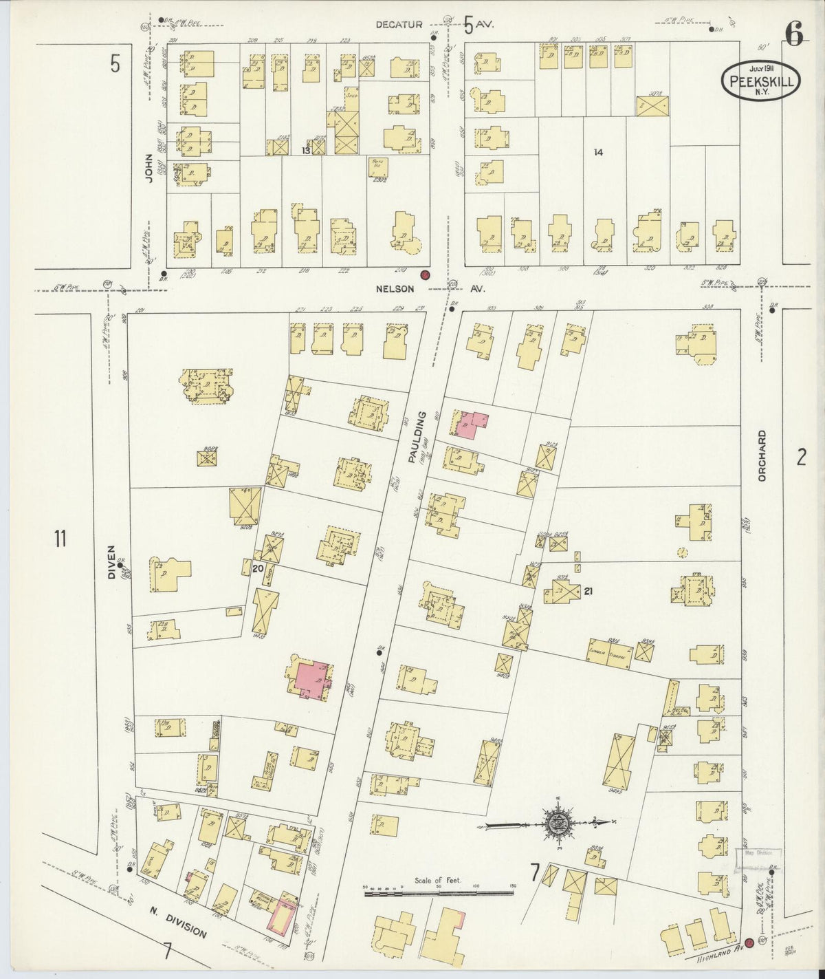 Sanborn Fire Insurance Map from Peekskill, Westchester County, New York (1911), Sheet #0006 - Historic Sanborn Fire Insurance Map Print, vintage old map wall art, antique decor, genealogy gift, New York New York map