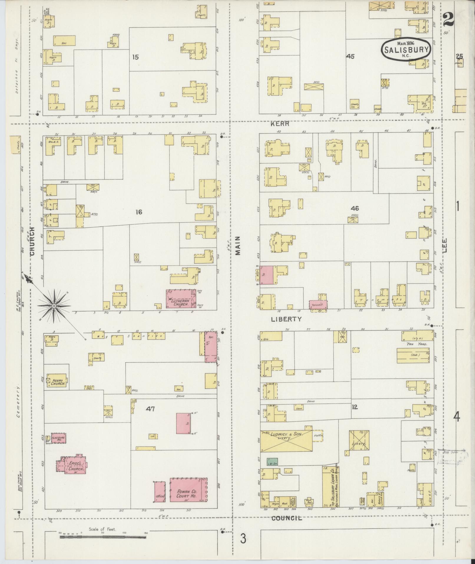Sanborn Fire Insurance Map from Salisbury, Rowan County, North Carolina (1896), Sheet #0002 - Historic Sanborn Fire Insurance Map Print, vintage old map wall art, antique decor, genealogy gift, North Carolina North Carolina map