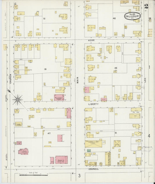 Sanborn Fire Insurance Map from Salisbury, Rowan County, North Carolina (1896), Sheet #0002 - Historic Sanborn Fire Insurance Map Print, vintage old map wall art, antique decor, genealogy gift, North Carolina North Carolina map
