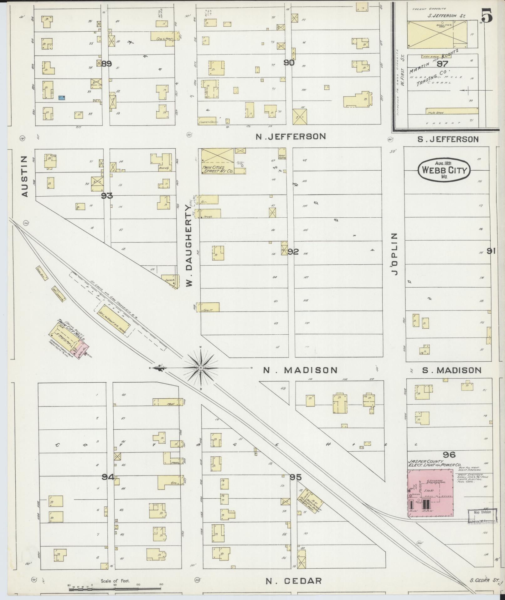 Sanborn Fire Insurance Map from Webb City, Jasper County, Missouri (1891), Sheet #0005 - Historic Sanborn Fire Insurance Map Print, vintage old map wall art, antique decor, genealogy gift, Missouri Missouri map