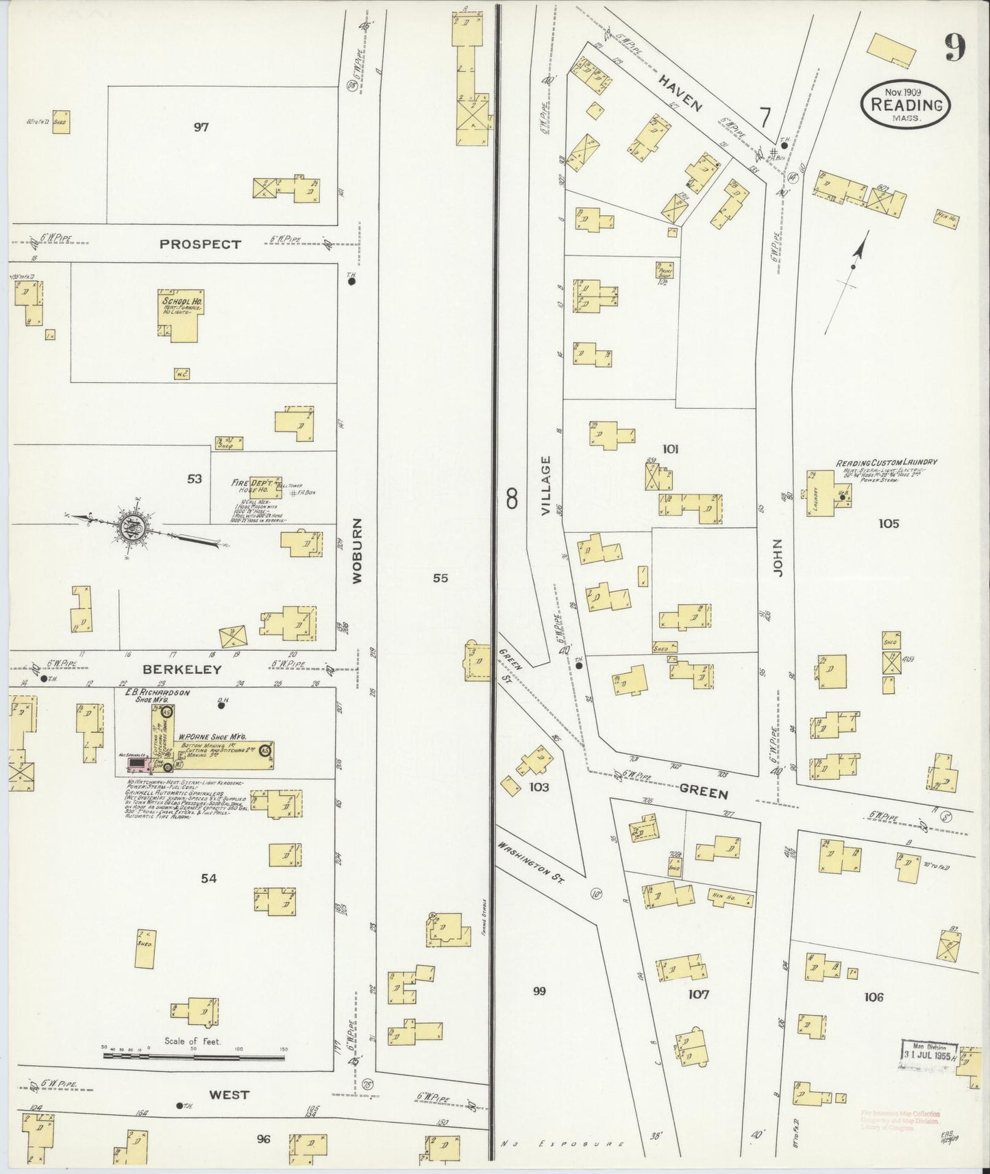 Sanborn Fire Insurance Map from Reading, Middlesex County, Massachusetts (1909), Sheet #0009 - Complete Map Set gallery image, historic Sanborn map, vintage wall art, Massachusetts Massachusetts
