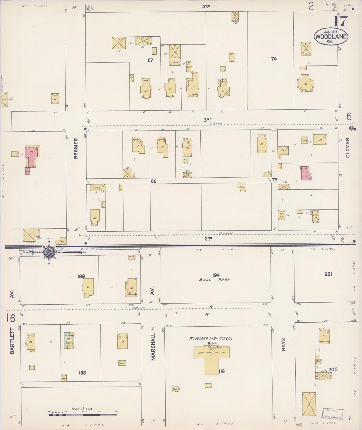Sanborn Fire Insurance Map from Woodland, Yolo County, California (1912), Sheet #0017 - Complete Map Set gallery image, historic Sanborn map, vintage wall art, California California