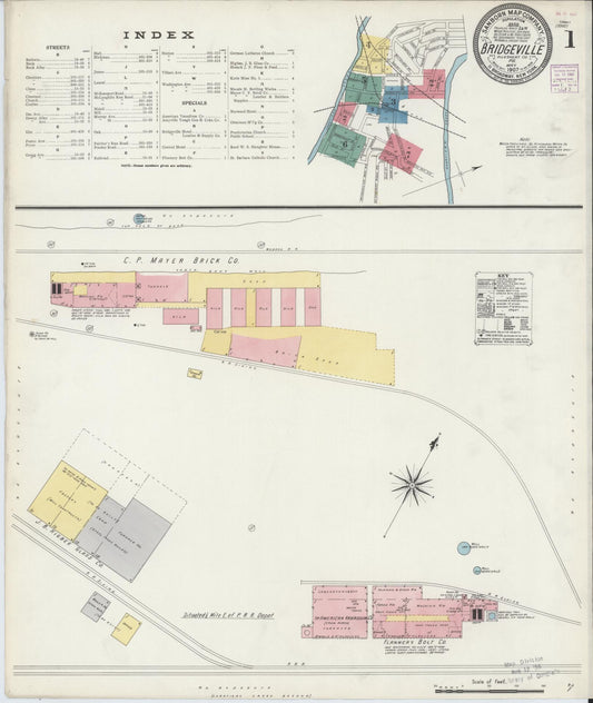 Sanborn Fire Insurance Map from Bridgeville, Allegheny County, Pennsylvania (1907), Sheet #0001 - Historic Sanborn Fire Insurance Map Print, vintage old map wall art, antique decor, genealogy gift, Pennsylvania Pennsylvania map