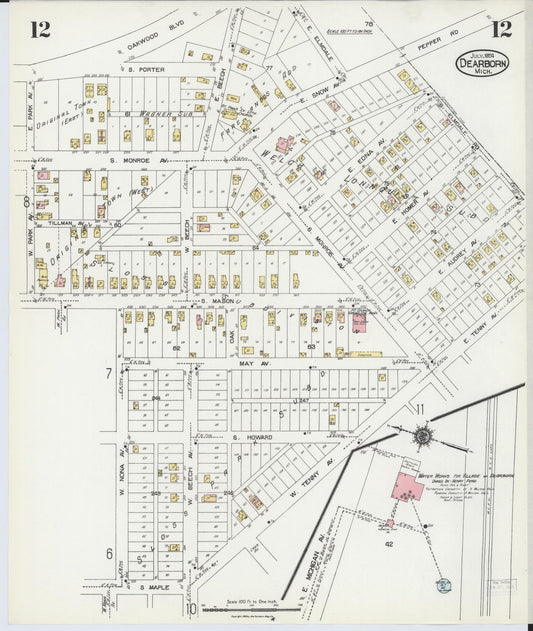 Sanborn Fire Insurance Map from Dearborn, Wayne County, Michigan (1924), Sheet #0012 - Historic Sanborn Fire Insurance Map Print, vintage old map wall art, antique decor, genealogy gift, Michigan Michigan map
