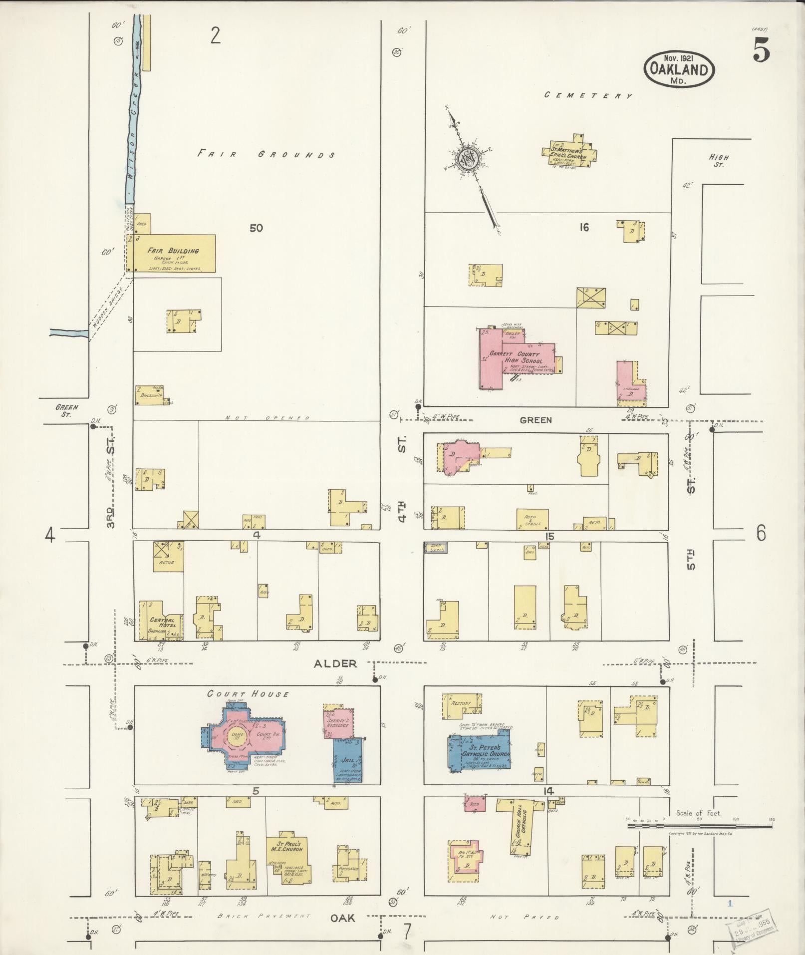 Sanborn Fire Insurance Map from Oakland, Garrett County, Maryland (1921), Sheet #0005 - Historic Sanborn Fire Insurance Map Print, vintage old map wall art