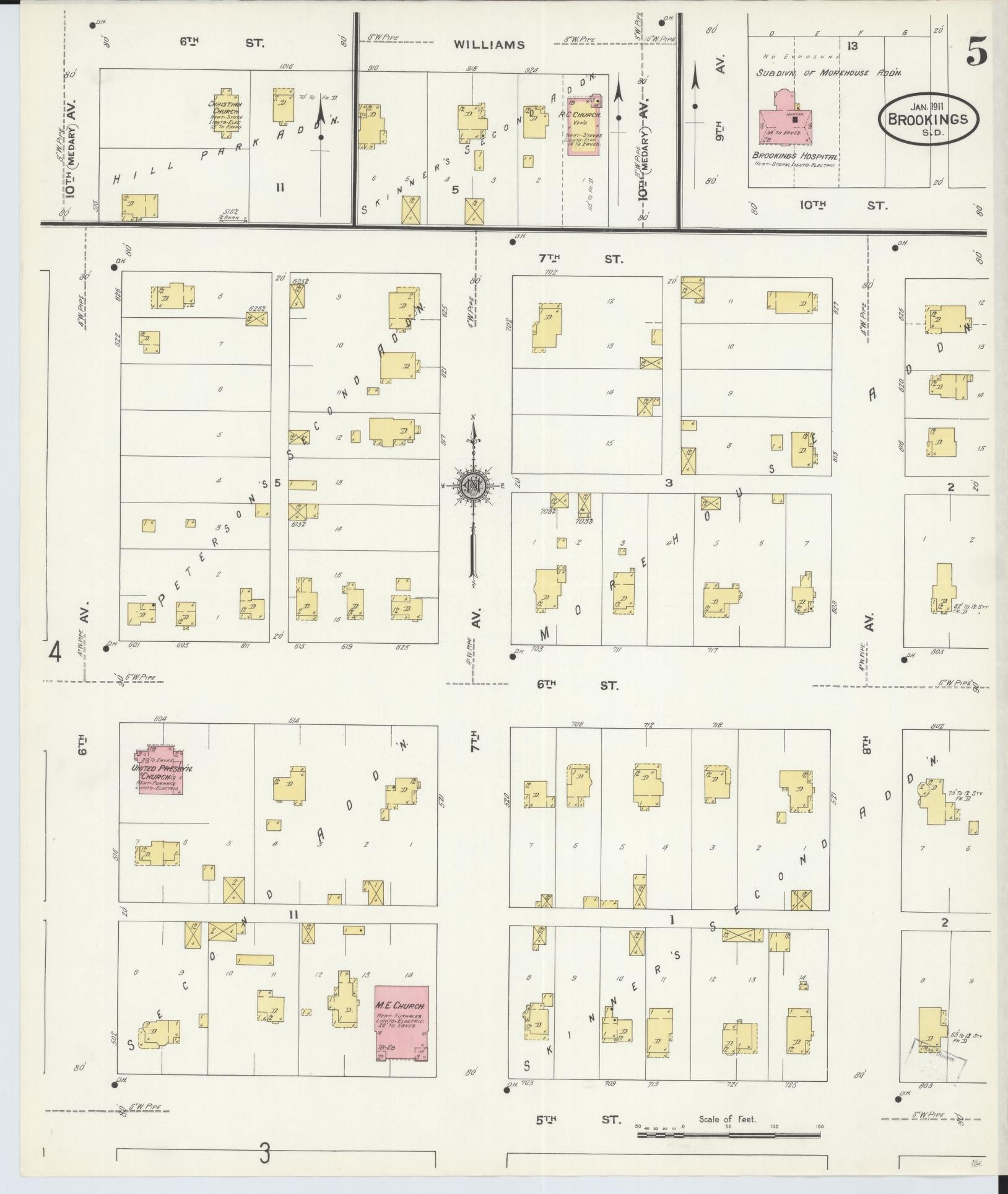 Sanborn Fire Insurance Map from Brookings, Brookings County, South Dakota (1911), Sheet #0005 - Historic Sanborn Fire Insurance Map Print, vintage old map wall art, antique decor, genealogy gift, South Dakota South Dakota map