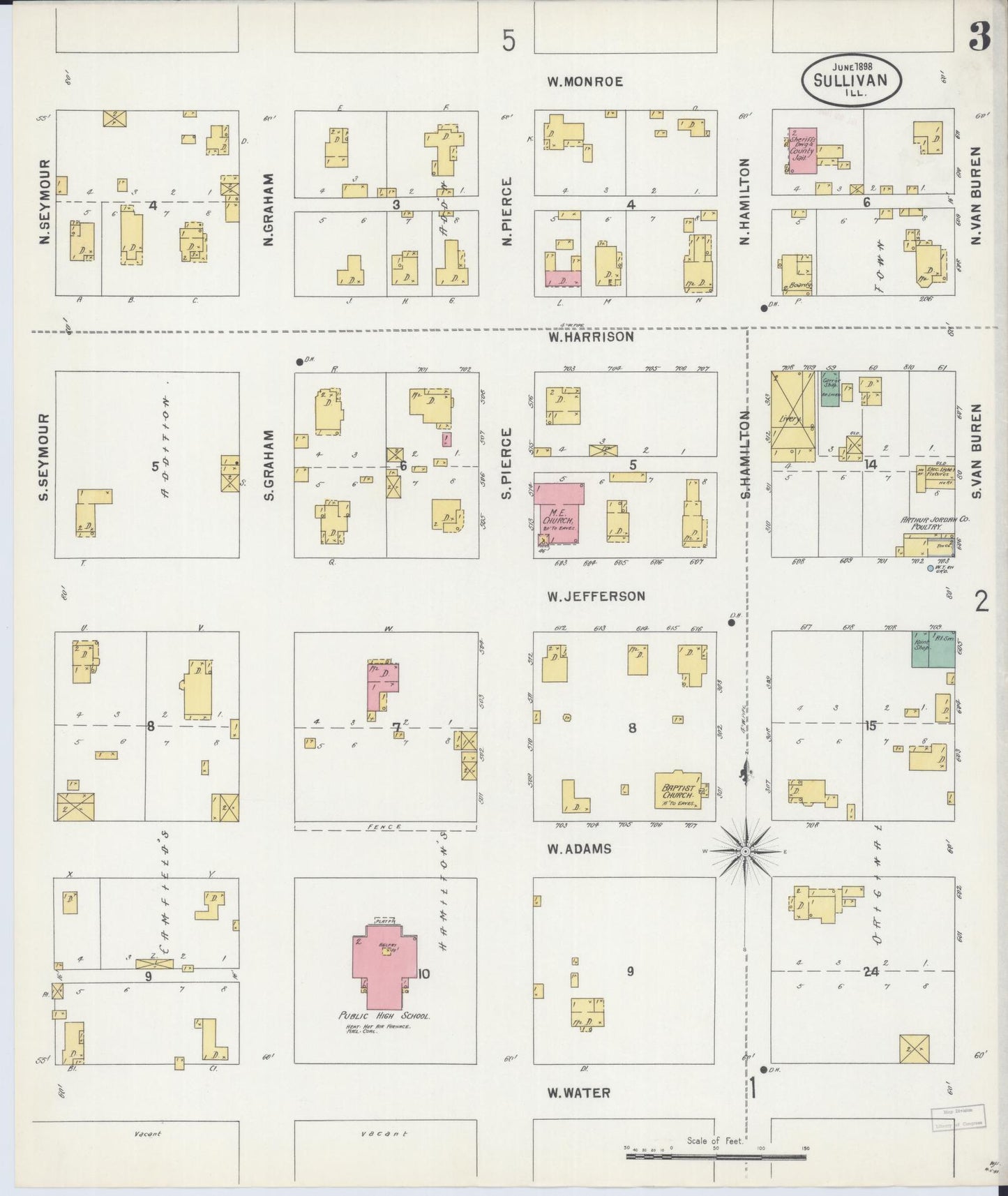 Sanborn Fire Insurance Map from Sullivan, Moultrie County, Illinois (1898), Sheet #0003 - Complete Map Set gallery image, historic Sanborn map, vintage wall art, Illinois Illinois