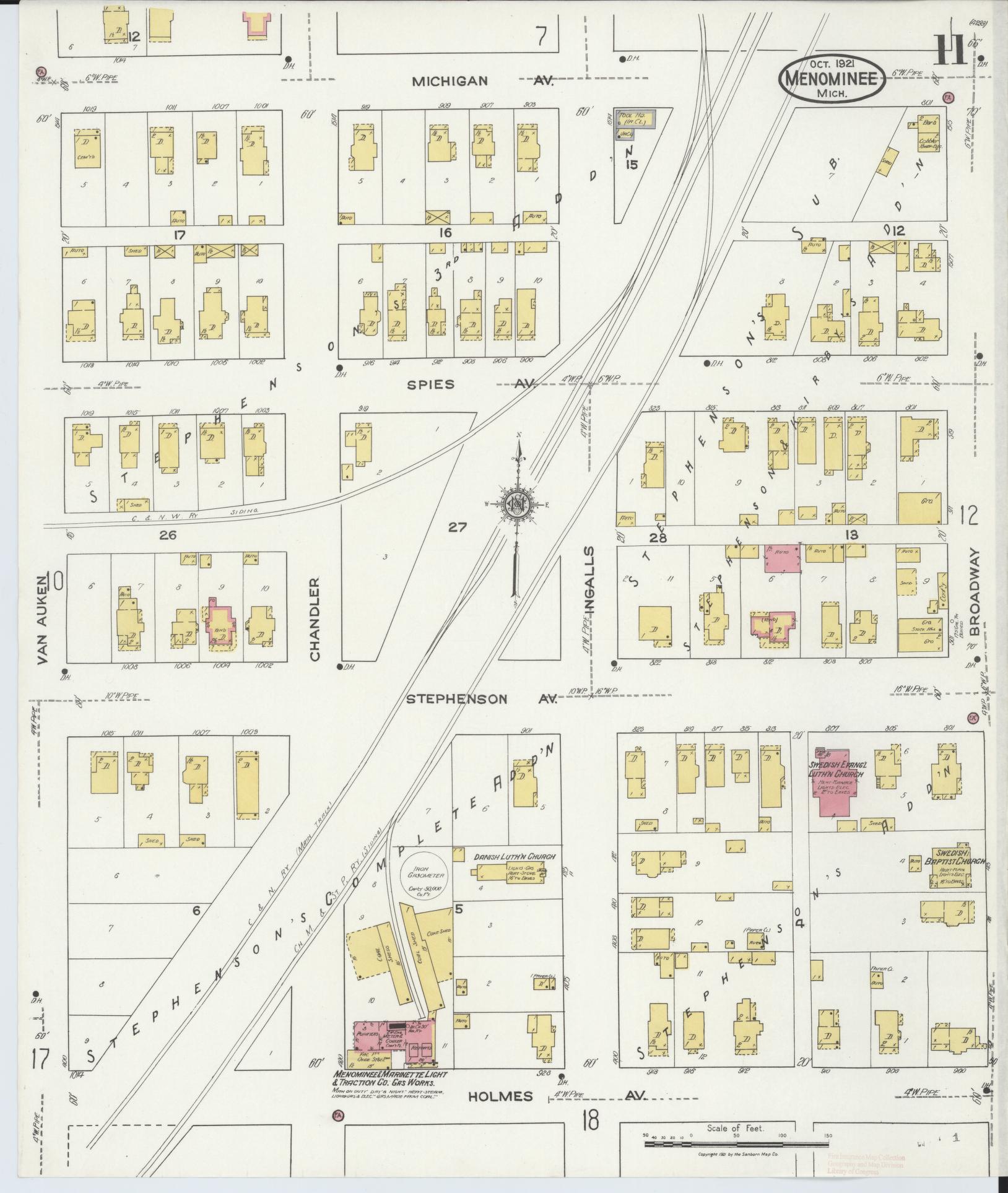 Sanborn Fire Insurance Map from Menominee, Menominee County, Michigan (1921), Sheet #0011 - Complete Map Set gallery image, historic Sanborn map, vintage wall art, Michigan Michigan