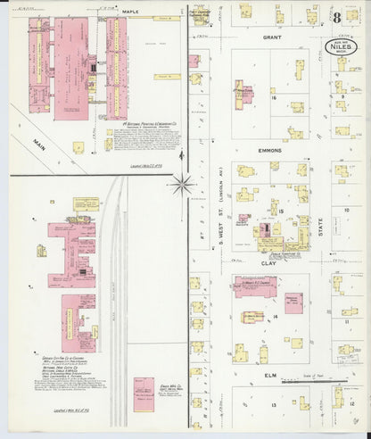 Sanborn Fire Insurance Map from Niles, Berrien County, Michigan (1907), Sheet #0008 - Historic Sanborn Fire Insurance Map Print, vintage old map wall art, antique decor, genealogy gift, Michigan Michigan map