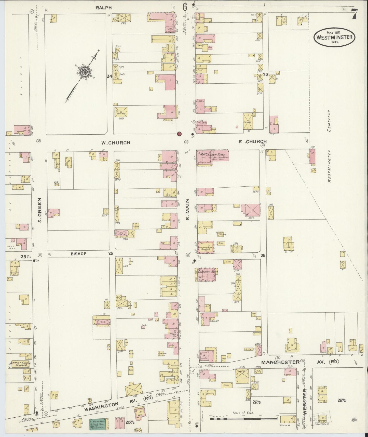 Sanborn Fire Insurance Map from Westminster, Carroll County, Maryland (1910), Sheet #0007 - Historic Sanborn Fire Insurance Map Print, vintage old map wall art, antique decor, genealogy gift, Maryland Maryland map