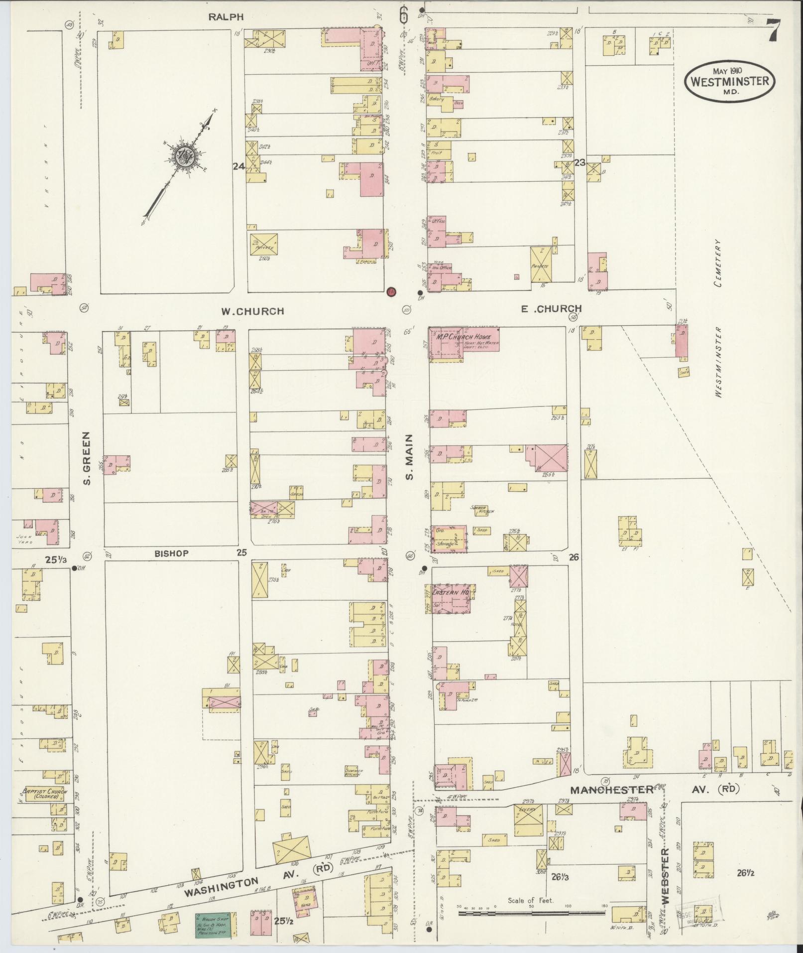 Sanborn Fire Insurance Map from Westminster, Carroll County, Maryland (1910), Sheet #0007 - Historic Sanborn Fire Insurance Map Print, vintage old map wall art, antique decor, genealogy gift, Maryland Maryland map