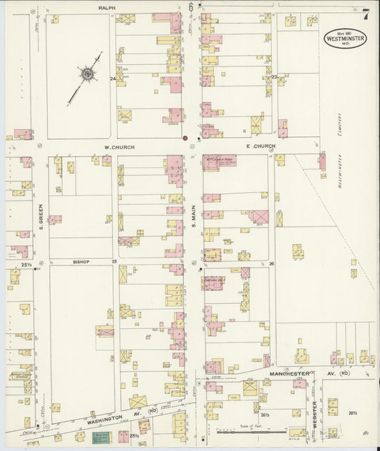 Sanborn Fire Insurance Map from Westminster, Carroll County, Maryland (1910), Sheet #0007 - Historic Sanborn Fire Insurance Map Print, vintage old map wall art, antique decor, genealogy gift, Maryland Maryland map