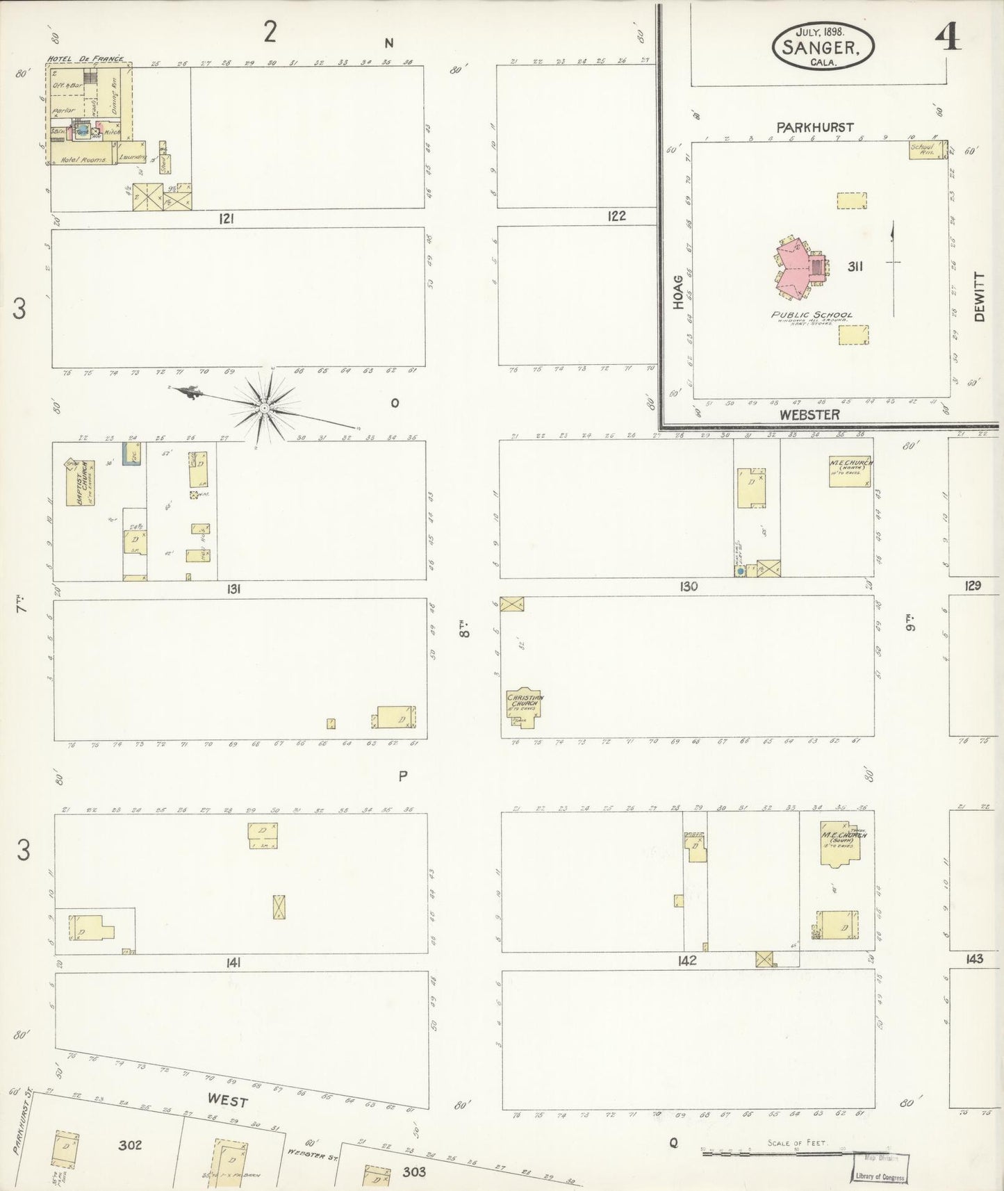 Sanborn Fire Insurance Map from Sanger, Fresno County, California (1898), Sheet #0004 - Complete Map Set gallery image, historic Sanborn map, vintage wall art, California California