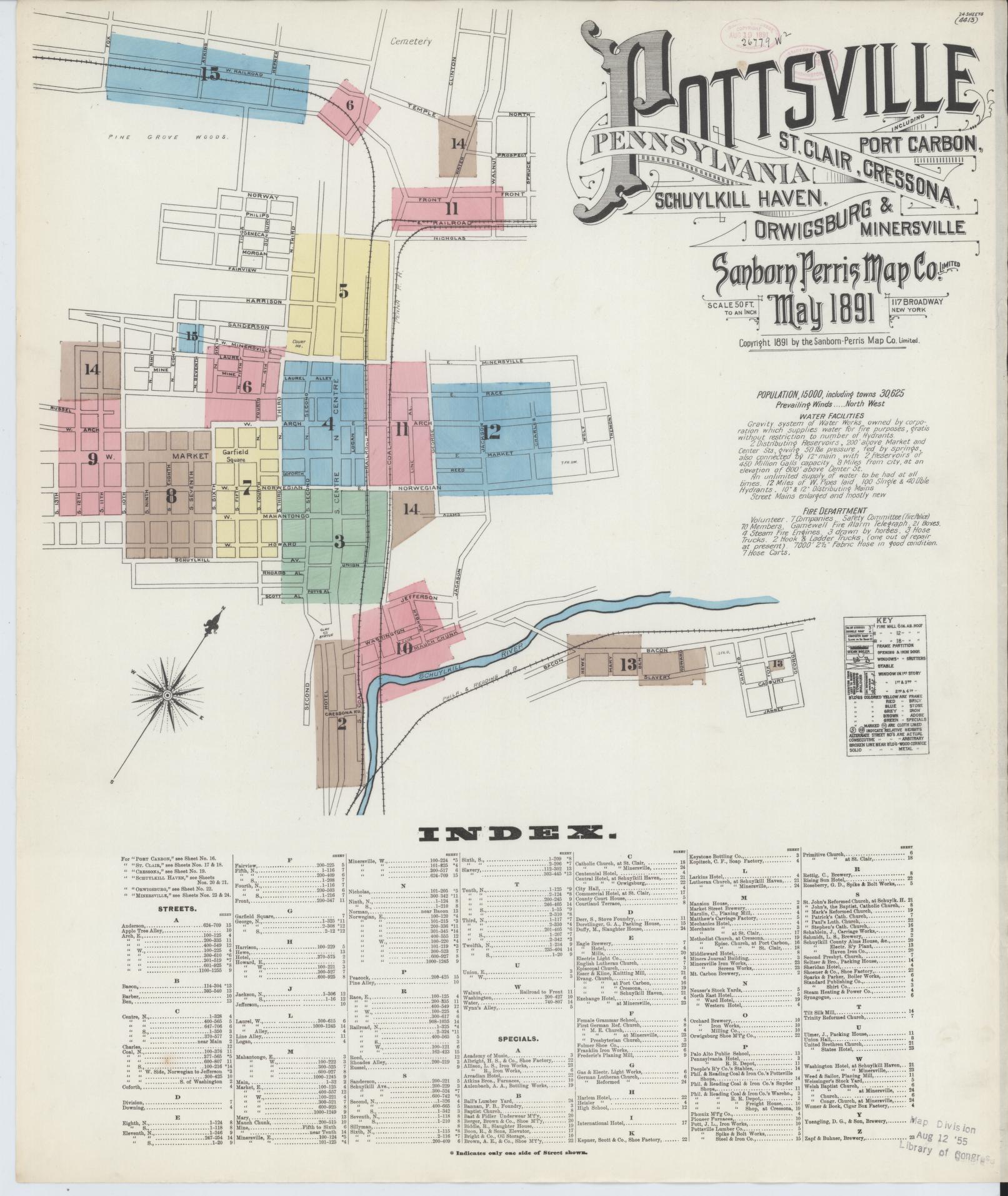 Sanborn Fire Insurance Map from Pottsville, Schuylkill County, Pennsylvania (1891), Sheet #0001 - Complete Map Set gallery image, historic Sanborn map, vintage wall art, Pennsylvania Pennsylvania