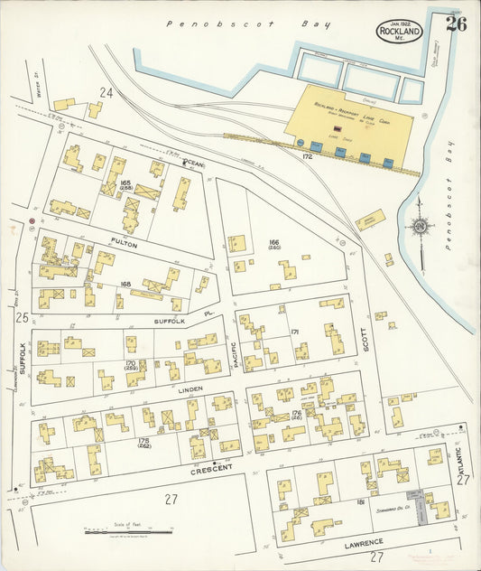Sanborn Fire Insurance Map from Rockland, Knox County, Maine (1922), Sheet #0026 - Historic Sanborn Fire Insurance Map Print, vintage old map wall art, antique decor, genealogy gift, Maine Maine map