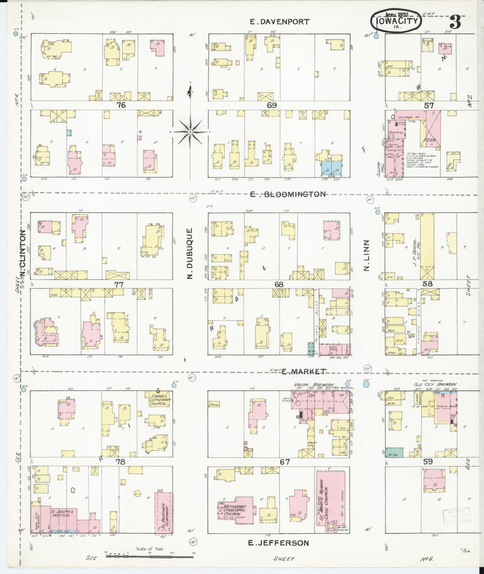 Sanborn Fire Insurance Map from Iowa City, Johnson County, Iowa (1892), Sheet #0003 - Historic Sanborn Fire Insurance Map Print, vintage old map wall art
