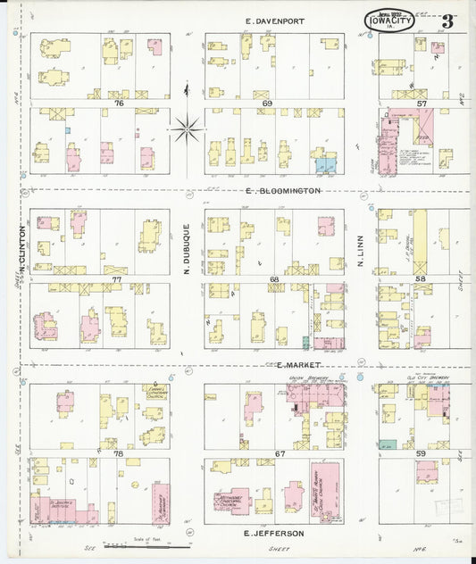 Sanborn Fire Insurance Map from Iowa City, Johnson County, Iowa (1892), Sheet #0003 - Historic Sanborn Fire Insurance Map Print, vintage old map wall art