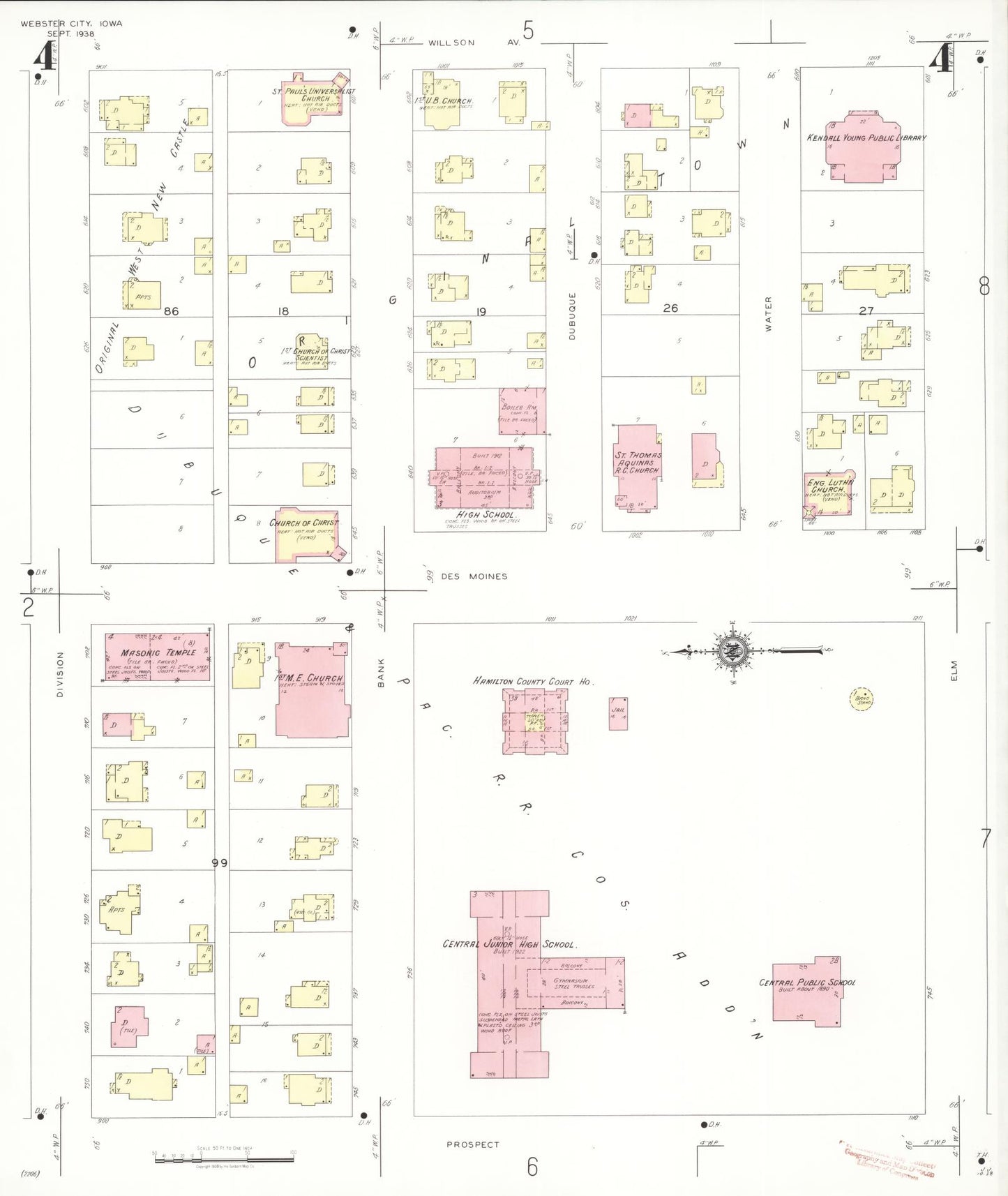 Sanborn Fire Insurance Map from Webster City, Hamilton County, Iowa (1938), Sheet #0004 - Historic Sanborn Fire Insurance Map Print, vintage old map wall art