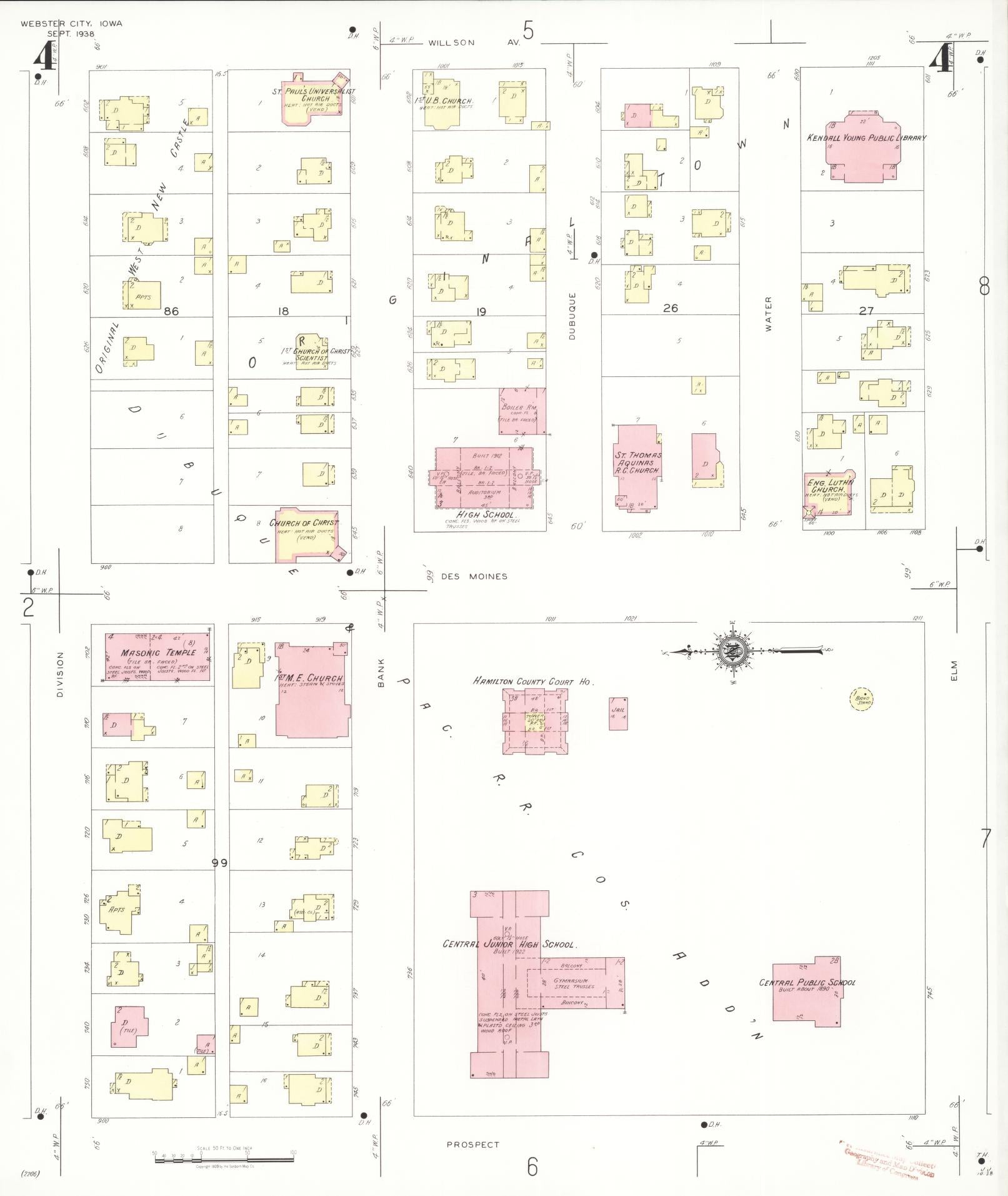 Sanborn Fire Insurance Map from Webster City, Hamilton County, Iowa (1938), Sheet #0004 - Historic Sanborn Fire Insurance Map Print, vintage old map wall art