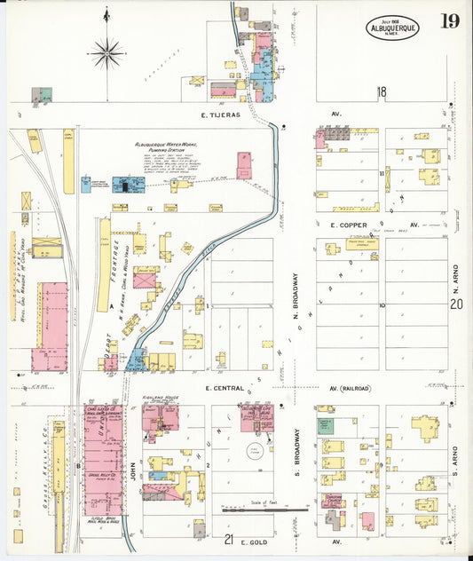 Sanborn Fire Insurance Map from Albuquerque, Bernalillo County, New Mexico (1908), Sheet #0019 - Historic Sanborn Fire Insurance Map Print, vintage old map wall art, antique decor, genealogy gift, New Mexico New Mexico map