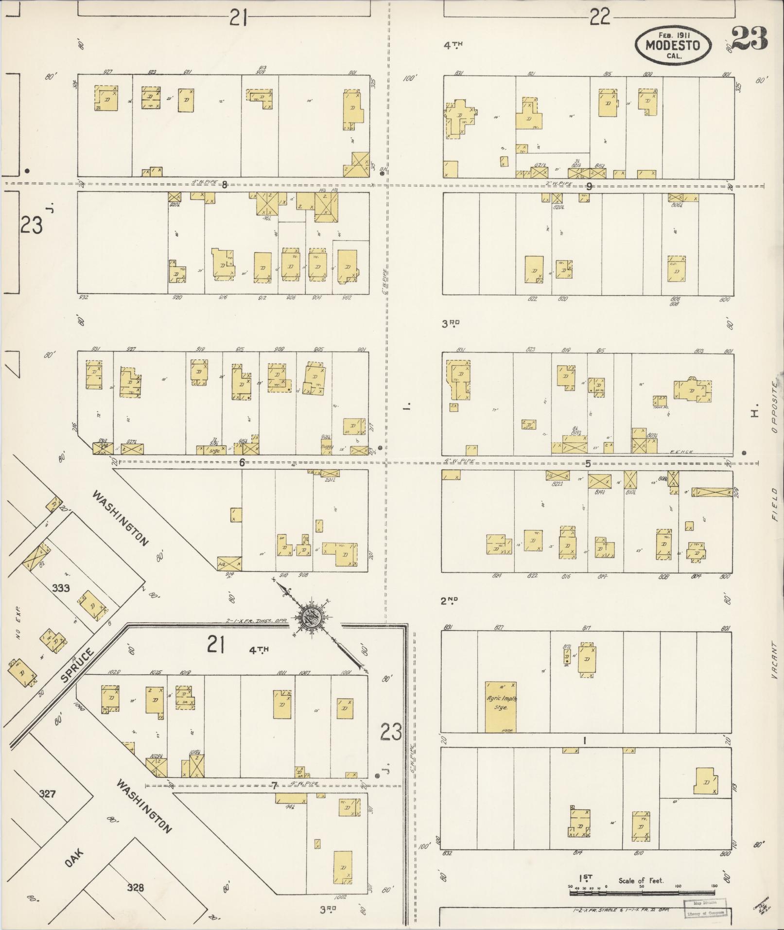 Sanborn Fire Insurance Map from Modesto, Stanislaus County, California (1911), Sheet #0023 - Complete Map Set gallery image, historic Sanborn map, vintage wall art, California California