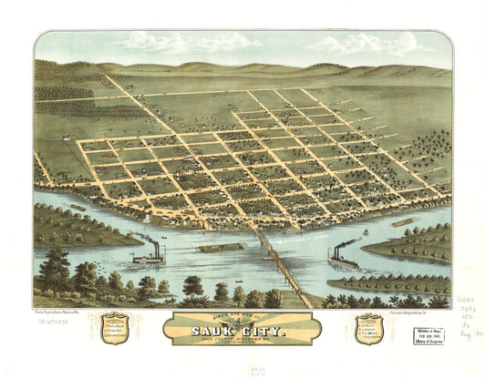 Bird's eye view of Sauk City, Sauk County, Wisconsin 1870. (1870) – Historic Bird’s-Eye View Panorama Print