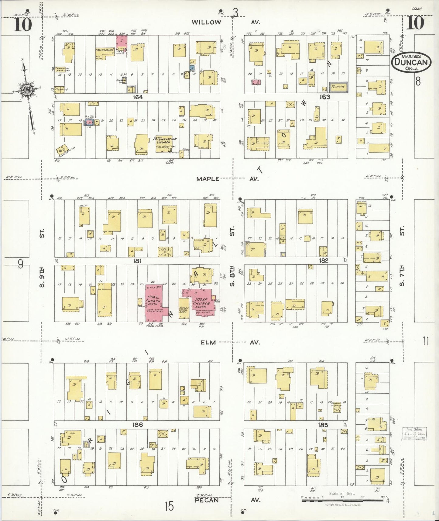 Sanborn Fire Insurance Map from Duncan, Stephens County, Oklahoma (1923), Sheet #0010 - Historic Sanborn Fire Insurance Map Print, vintage old map wall art, antique decor, genealogy gift, Oklahoma Oklahoma map