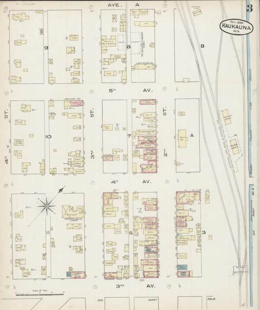 Sanborn Fire Insurance Map from Kaukauna, Outagamie County, Wisconsin (1885), Sheet #0003 - Historic Sanborn Fire Insurance Map Print, vintage old map wall art, antique decor, genealogy gift, Wisconsin Wisconsin map