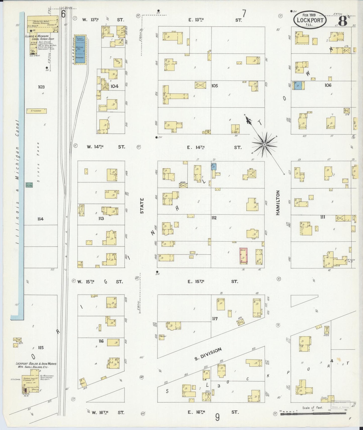 Sanborn Fire Insurance Map from Lockport, Will County, Illinois (1909), Sheet #0008 - Historic Sanborn Fire Insurance Map Print, vintage old map wall art, antique decor, genealogy gift, Illinois Illinois map