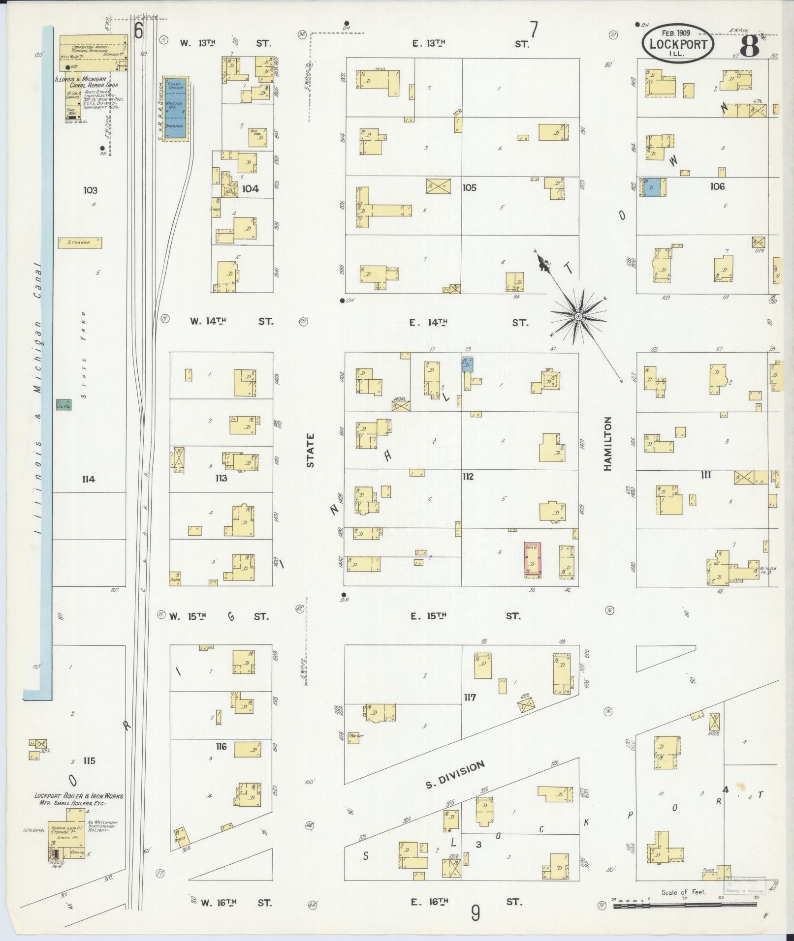 Sanborn Fire Insurance Map from Lockport, Will County, Illinois (1909), Sheet #0008 - Historic Sanborn Fire Insurance Map Print, vintage old map wall art, antique decor, genealogy gift, Illinois Illinois map