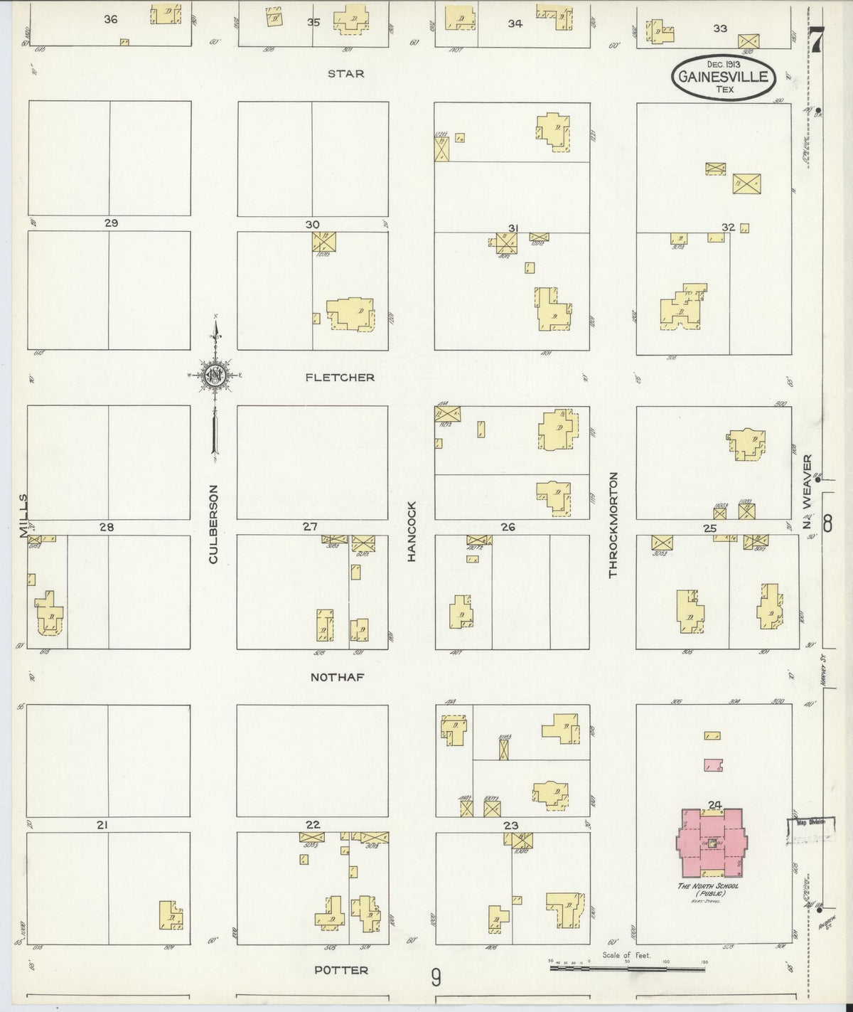 Sanborn Fire Insurance Map from Gainesville, Cooke County, Texas (1913), Sheet #0007 - Historic Sanborn Fire Insurance Map Print, vintage old map wall art, antique decor, genealogy gift, Texas Texas map