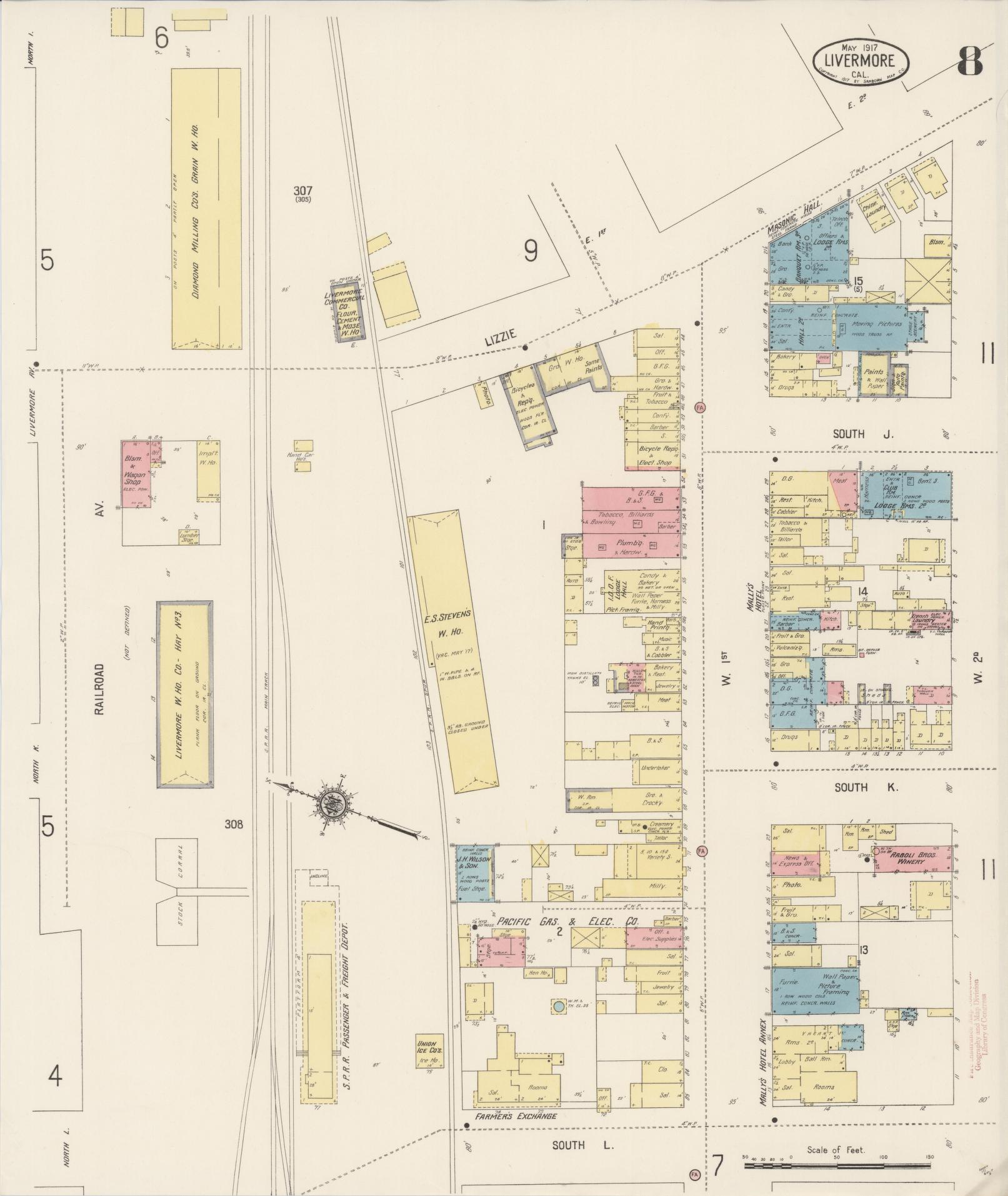 Sanborn Fire Insurance Map from Livermore, Alameda County, California (1917), Sheet #0008 - Complete Map Set gallery image, historic Sanborn map, vintage wall art, California California