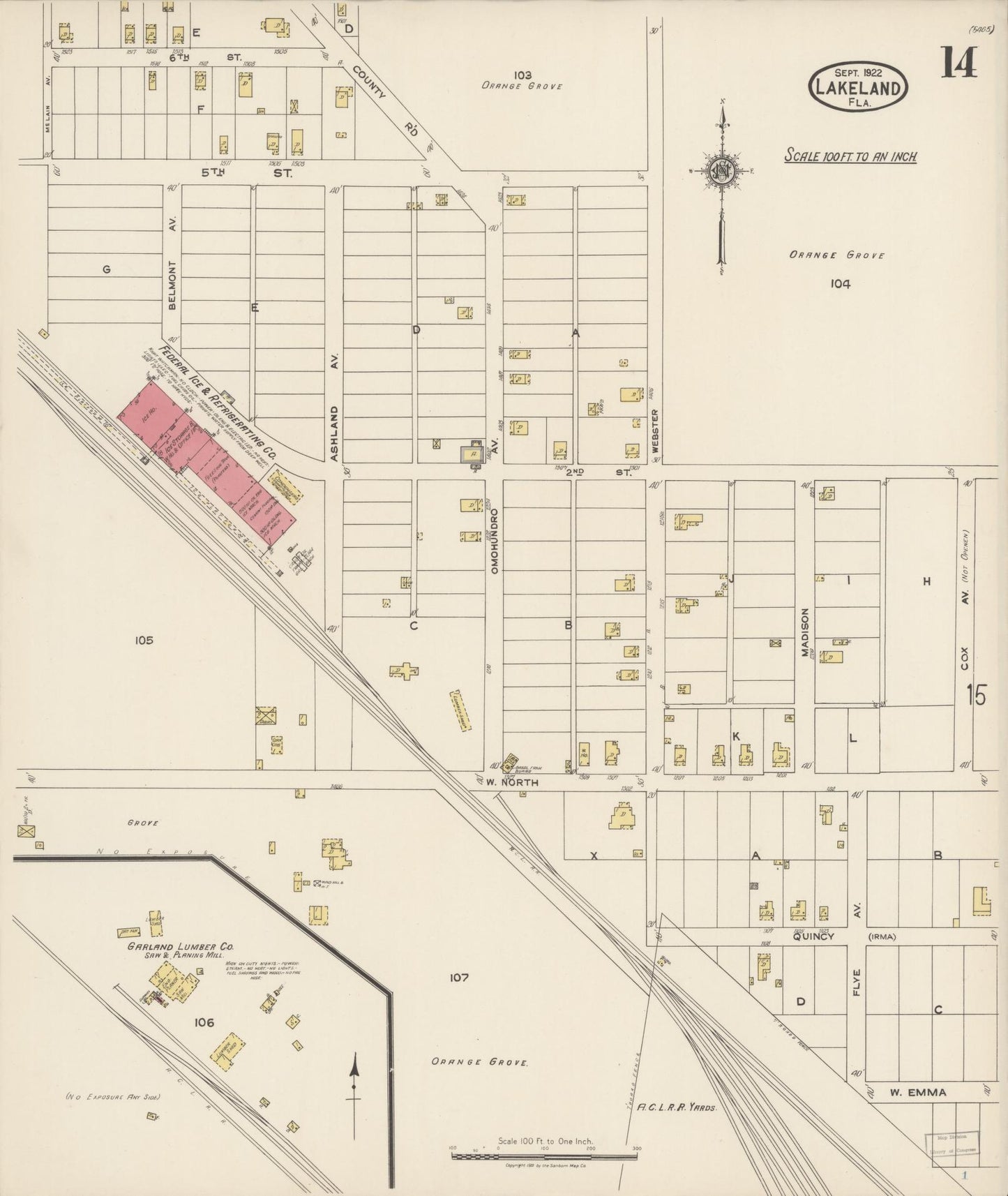 Sanborn Fire Insurance Map from Lakeland, Polk County, Florida (1922), Sheet #0014 - Complete Map Set gallery image, historic Sanborn map, vintage wall art, Florida Florida