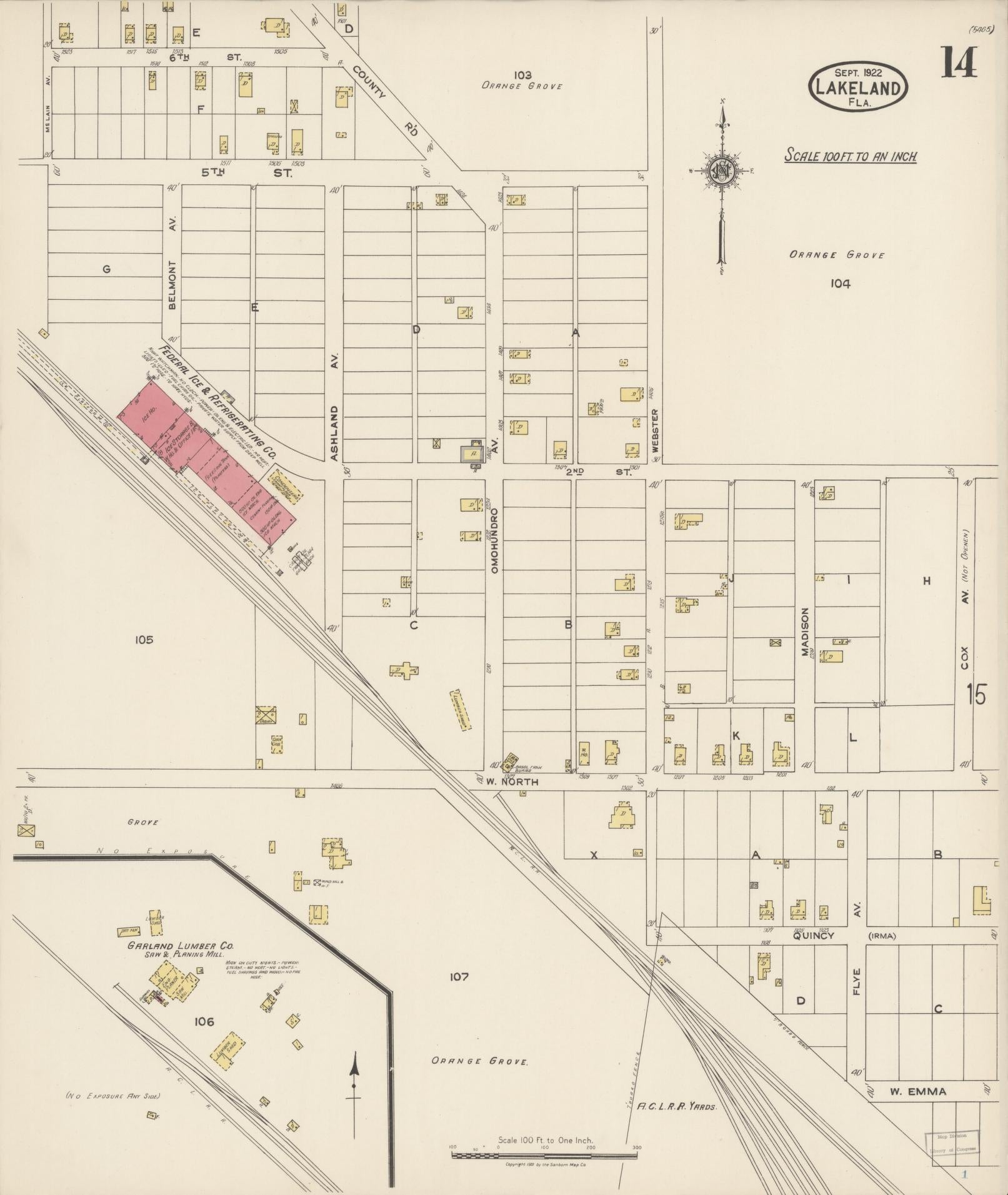 Sanborn Fire Insurance Map from Lakeland, Polk County, Florida (1922), Sheet #0014 - Complete Map Set gallery image, historic Sanborn map, vintage wall art, Florida Florida