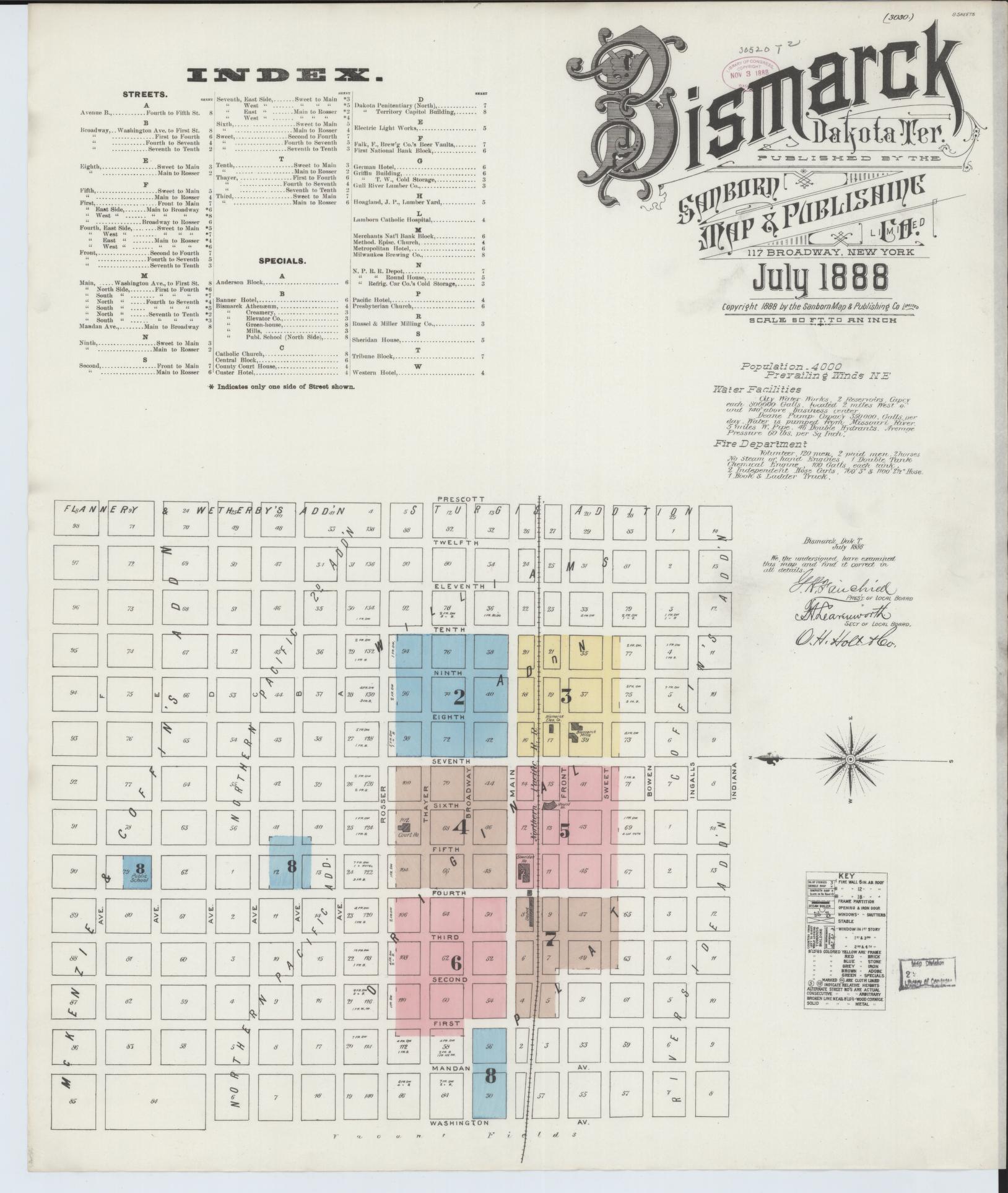 Sanborn Fire Insurance Map from Bismarck, Burleigh County, North Dakota (1888), Sheet #0001 - Complete Map Set gallery image, historic Sanborn map, vintage wall art, North Dakota North Dakota